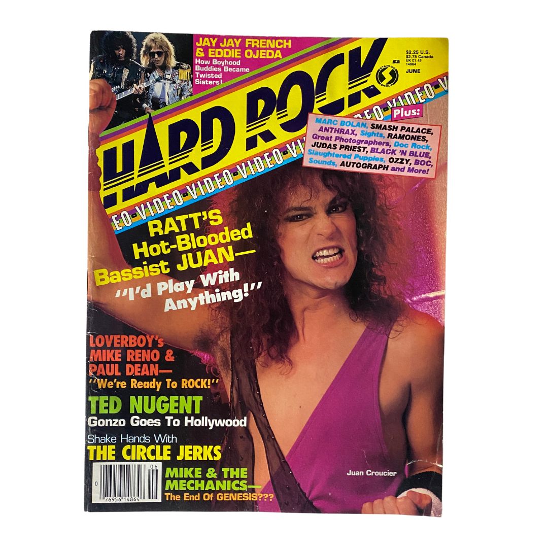 Cover of VTG Hard Rock Video Magazine June 1986, Issue #9, featuring Juan Croucier, the bassist from Ratt, showcasing vibrant 1980s rock culture with bold graphics and headlines.
