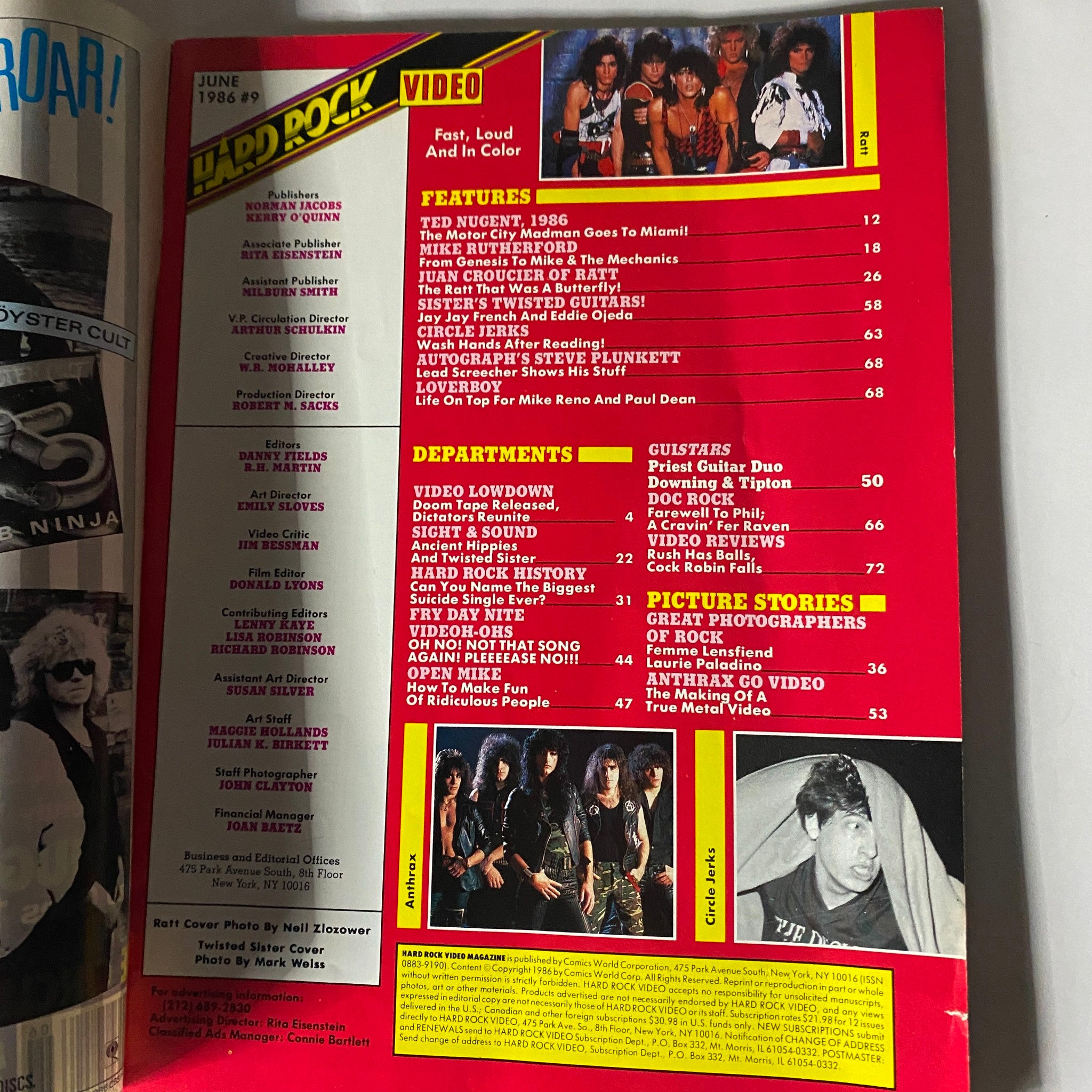Hard Rock Video Magazine June 1986 #9 featuring contents and features including Juan Croucier of Ratt, showcasing articles and interviews related to the hard rock scene.