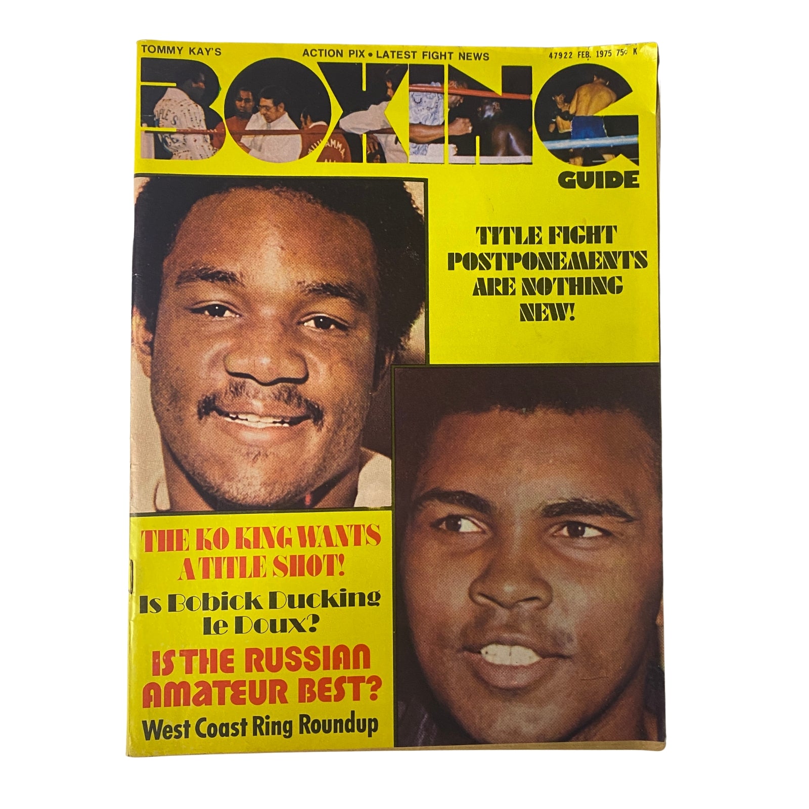 Cover of Tommy Kay's Boxing Guide Magazine from February 1975 featuring prominent boxing headlines including Muhammad Ali, title fight postponements, and a feature on Bobick vs. LeDoux.