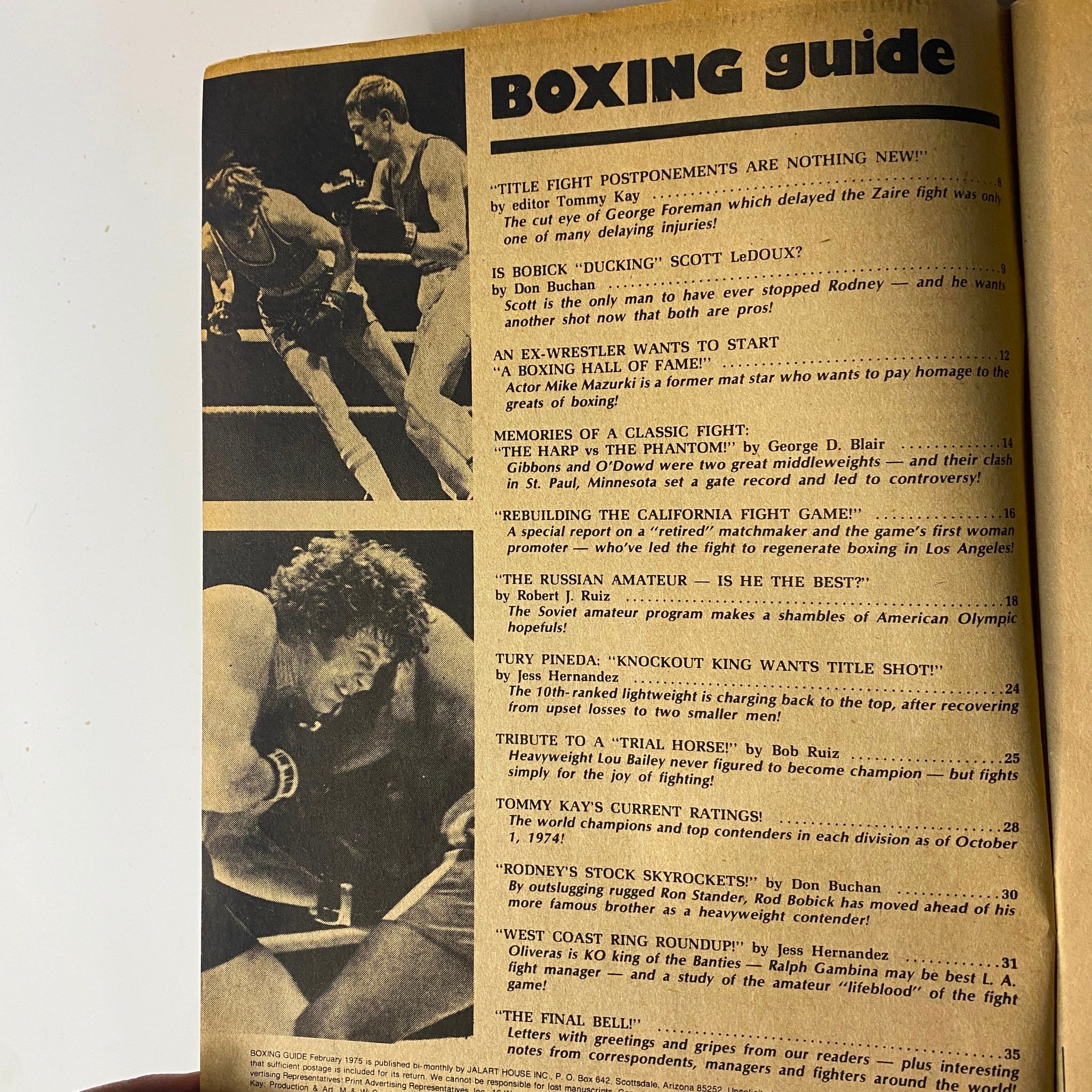 Inside page of Tommy Kay's Boxing Guide Magazine February 1975 displaying articles and features on various boxing topics such as title fight postponements and California boxing.