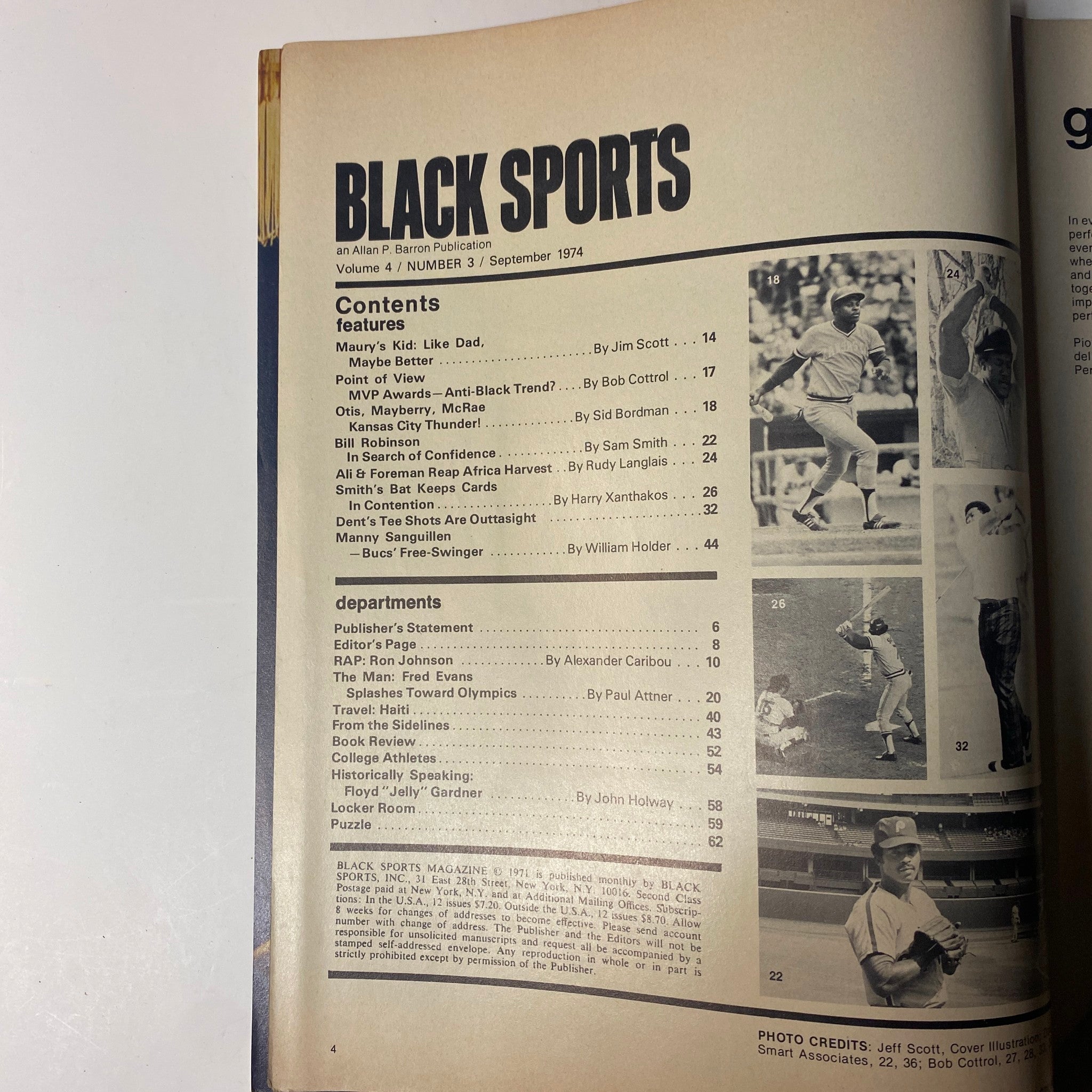 Inside page of Black Sports Magazine September 1974 displaying the table of contents for Volume 4, Number 3, which includes articles by various authors.