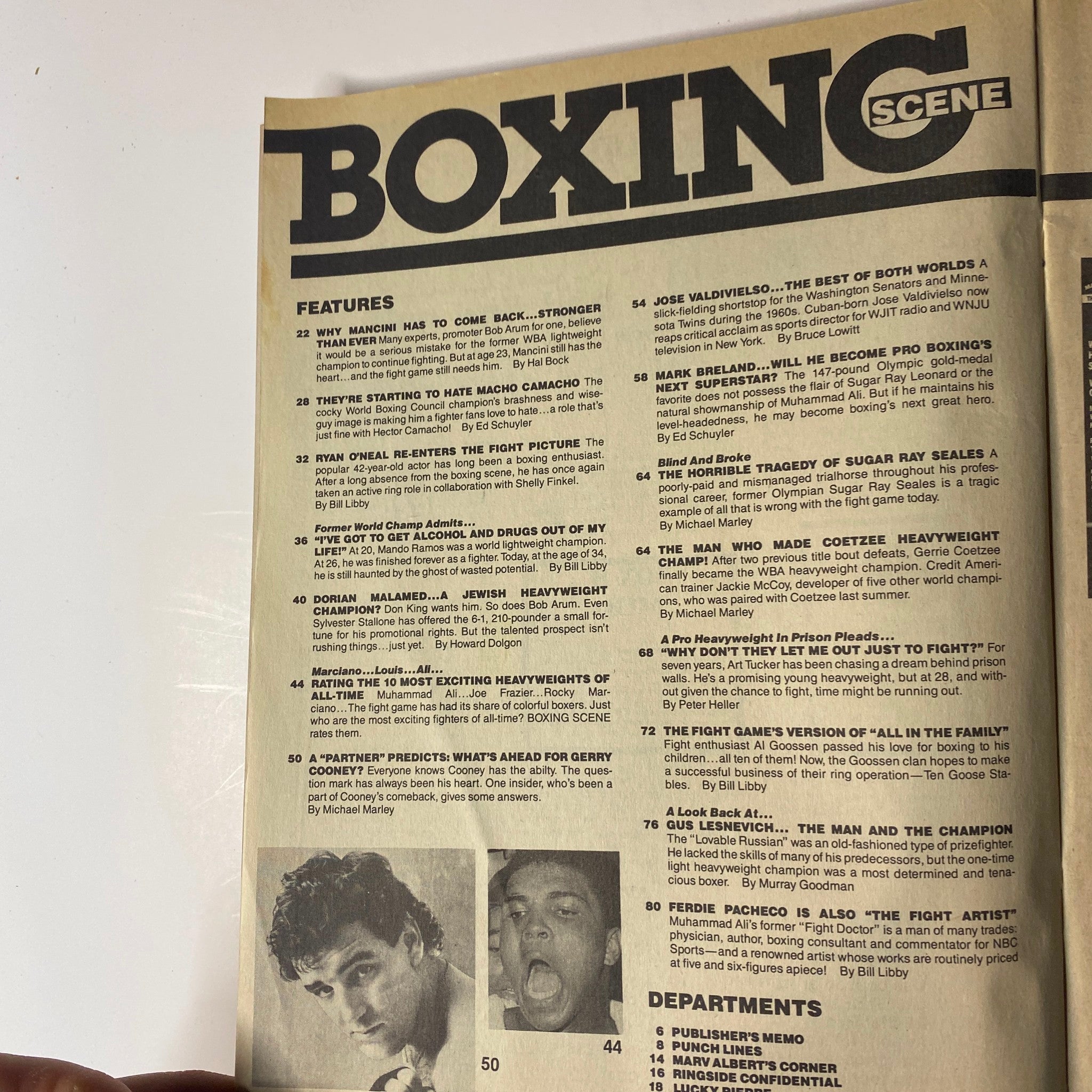 Inside page of Boxing Scene Magazine October 1984, listing featured articles such as 'Why Mancini Has to Come Back… Stronger Than Ever' and 'Mark Breland: Will He Become Pro Boxing’s Next Superstar?'. The layout presents a captivating glimpse into the boxing topics of the mid-1980s.