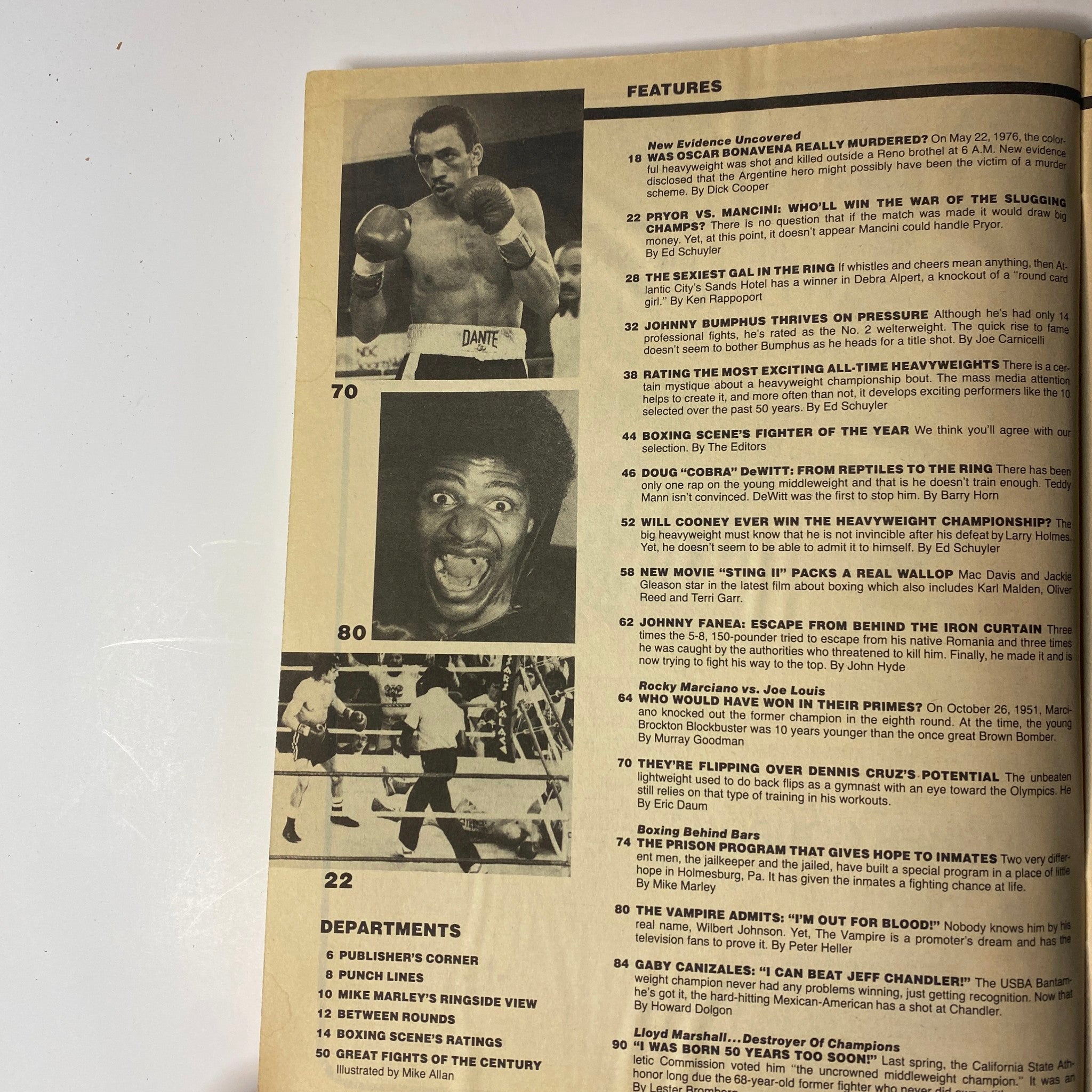 Inside page of Boxing Scene Magazine March 1983 showcasing articles on notable boxers and features, including highlights of Aaron Pryor.
