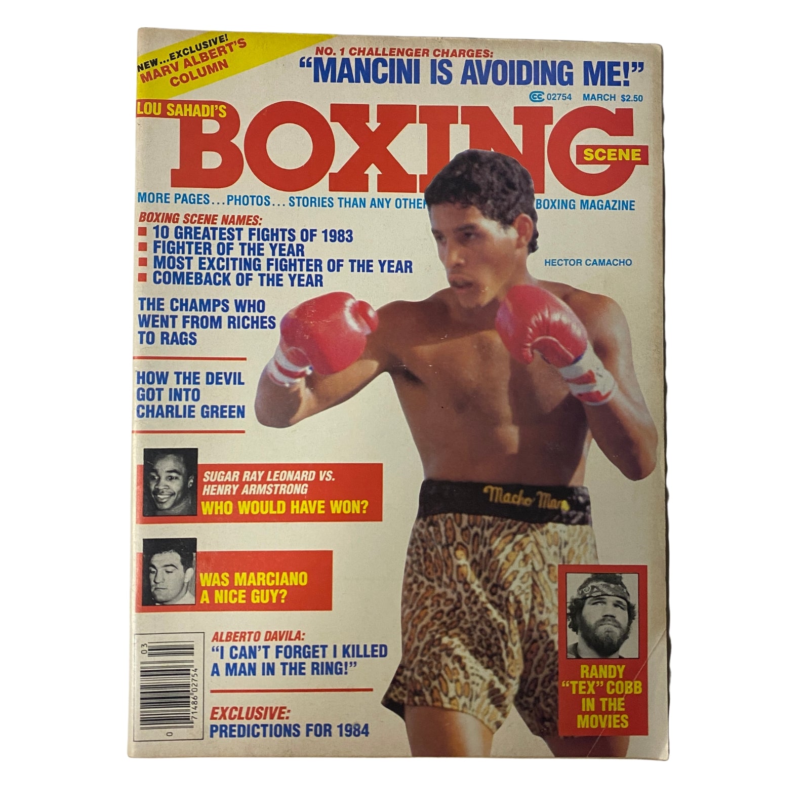 March 1984 issue of Boxing Scene Magazine featuring Hector Camacho on the cover, highlighted as boxing's most exciting new star. The cover includes features such as 'Mancini Is Avoiding Me!' and showcases Camacho in a boxing stance, emphasizing his flashy personality.