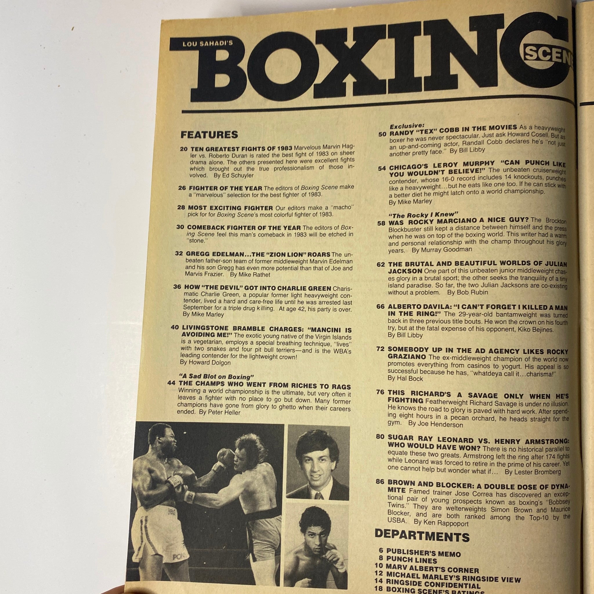 Interior page of March 1984 Boxing Scene Magazine displaying features and contents, including articles like 'Ten Greatest Fights of 1983' and 'Livingstone Bramble Charges: “Mancini Is Avoiding Me!”' emphasizing the highlights of the boxing world during that era.