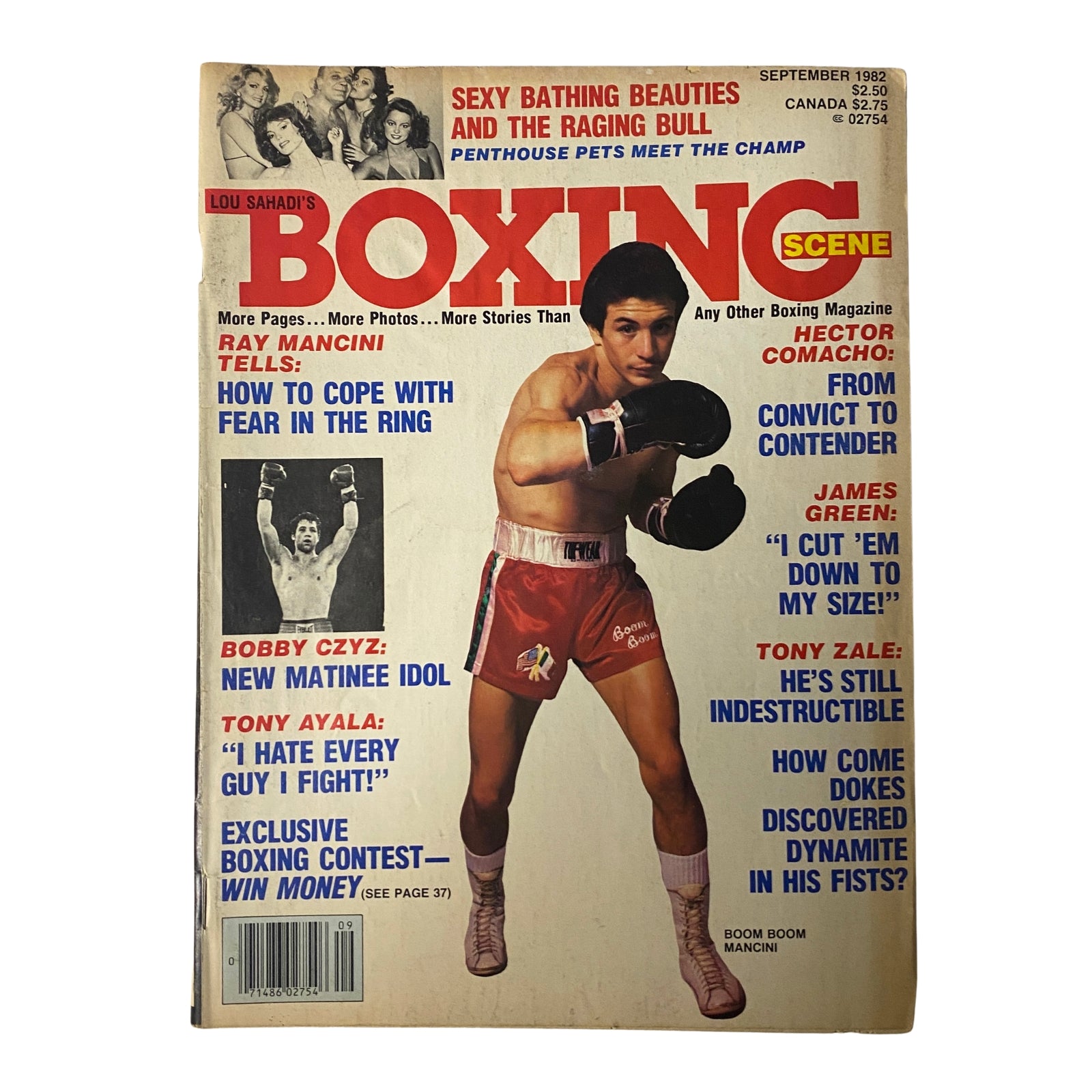 Boxing Scene Magazine September 1982 featuring Héctor Camacho on the cover, showcasing a boxing pose with headlines about Ray Mancini, Tony Ayala, and boxing history.