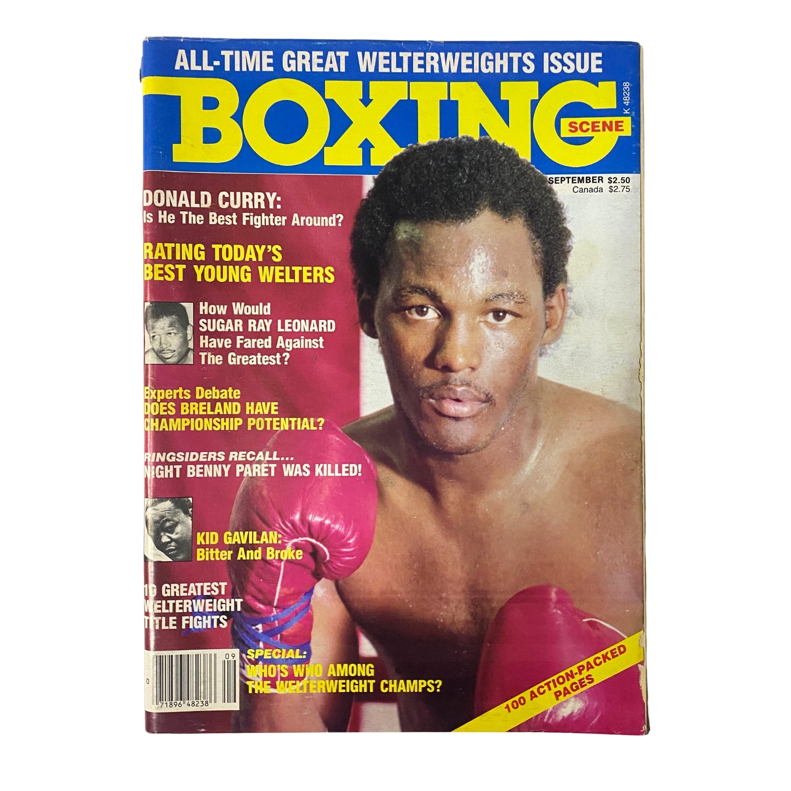 Boxing Scene Magazine from September 1984 featuring Donald Curry on the cover. The magazine highlights the welterweight division and its legends, showcasing Curry as a prominent figure in boxing. Perfect for collectors and fans of boxing history.