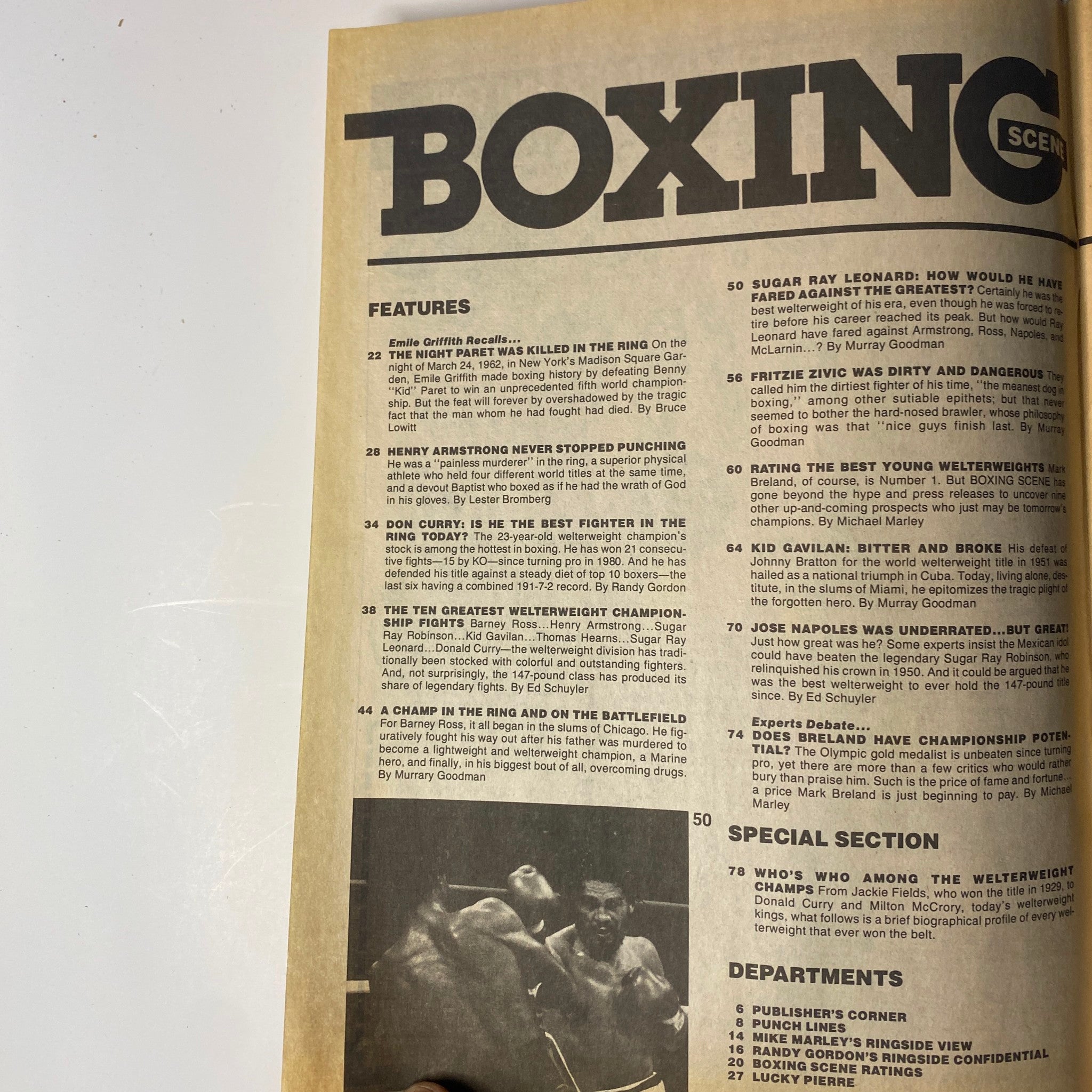 Inside page of Boxing Scene Magazine, September 1984, featuring the title 'BOXING' prominently displayed at the top, highlighting articles about notable boxers, including Donald Curry, with a focus on boxing history and championships.