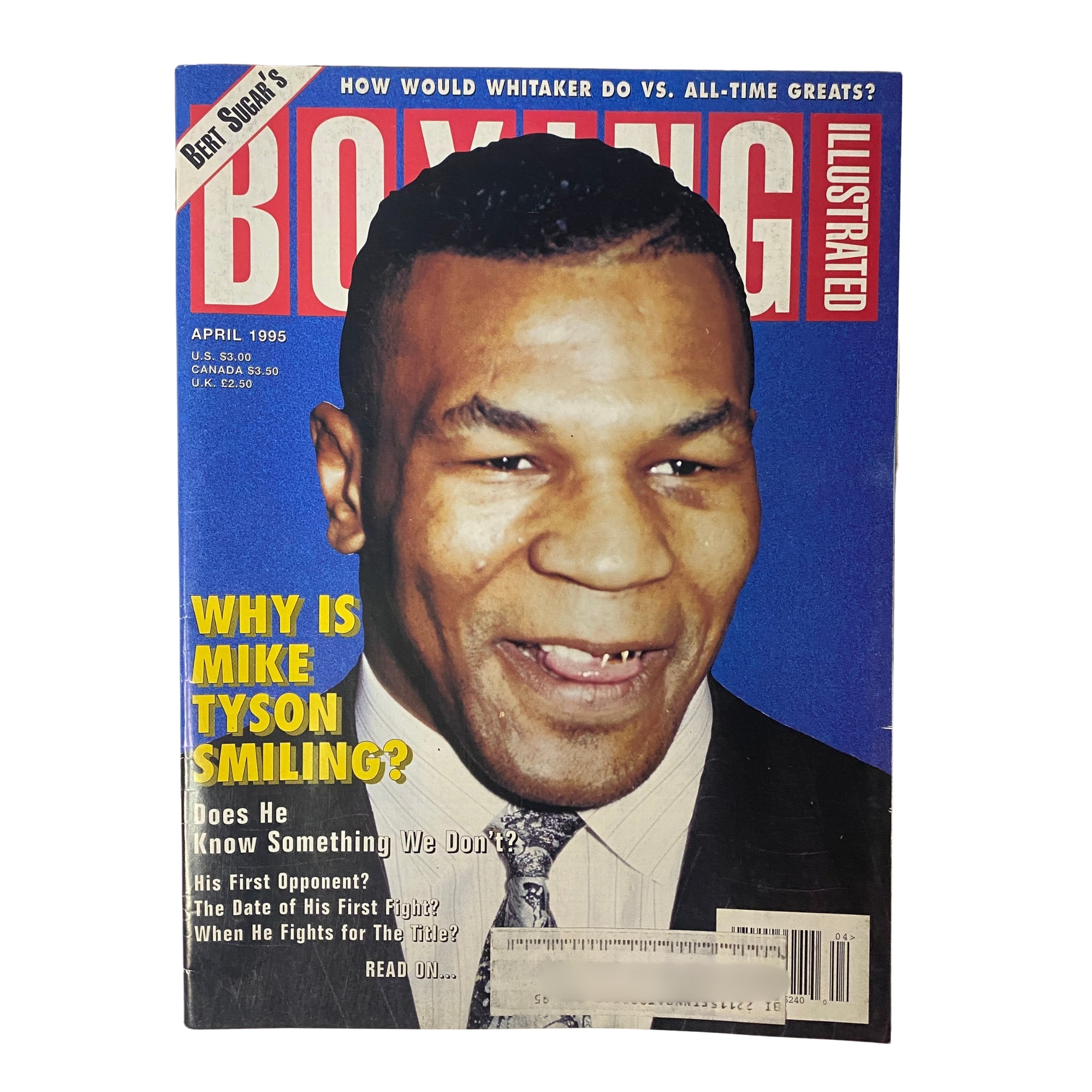 Cover of Boxing Illustrated Magazine April 1995 featuring Mike Tyson smiling with bold text questioning why he is smiling, highlighting topics about his boxing career.