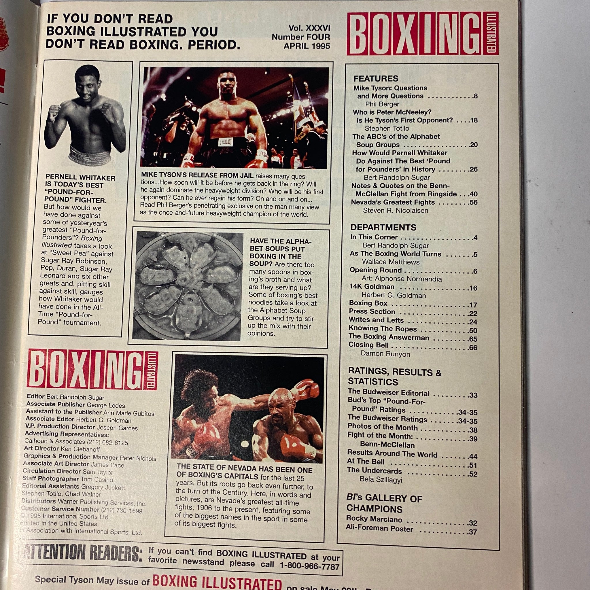 Inside page of Boxing Illustrated Magazine April 1995 with contents listing including features on Mike Tyson's release from jail and profiles of boxing greats.