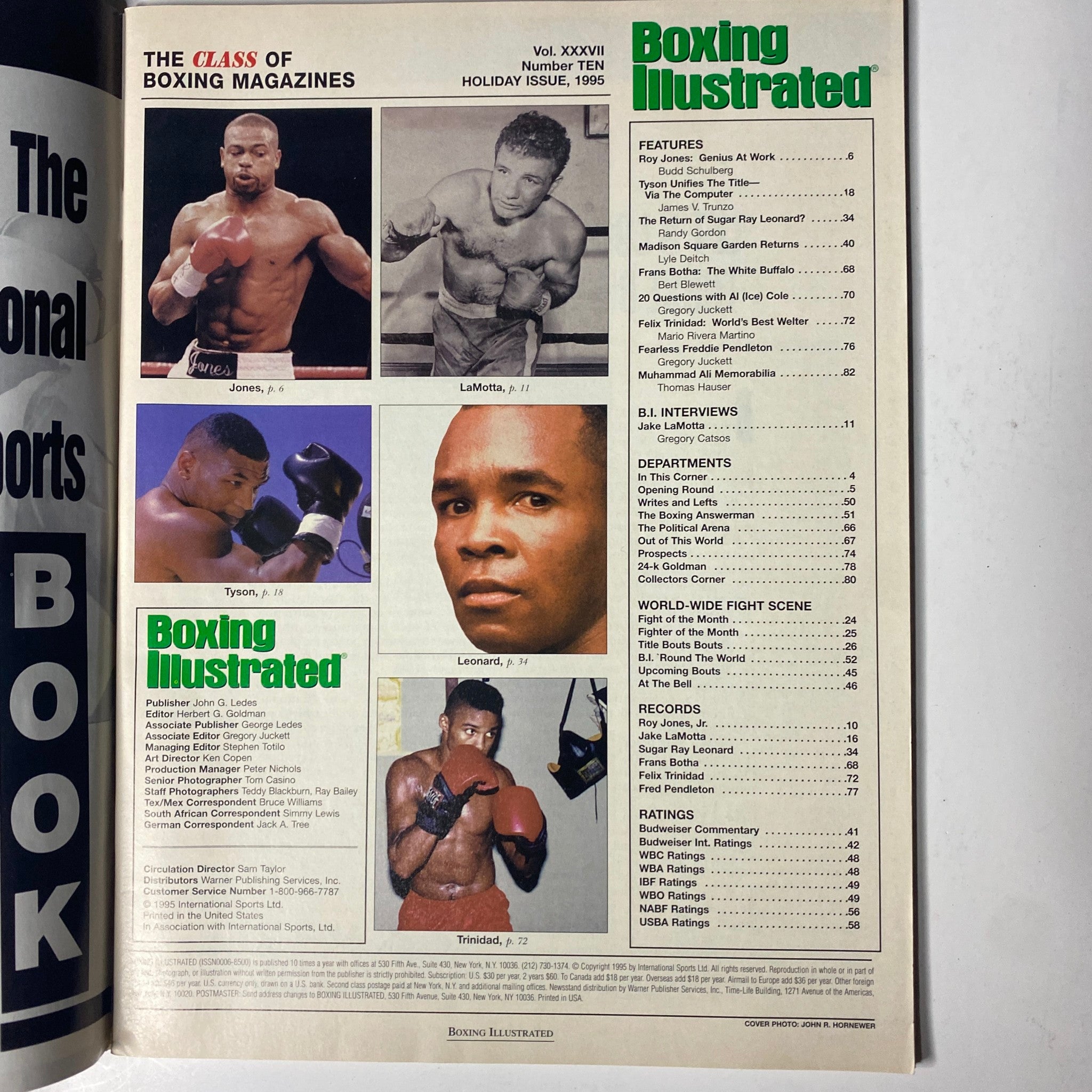 Boxing Illustrated Magazine Holiday Issue 1995 featuring iconic boxers Roy Jones Jr., Mike Tyson, Sugar Ray Leonard, and Felix Trinidad. This issue highlights significant moments in boxing history and offers in-depth features and interviews.