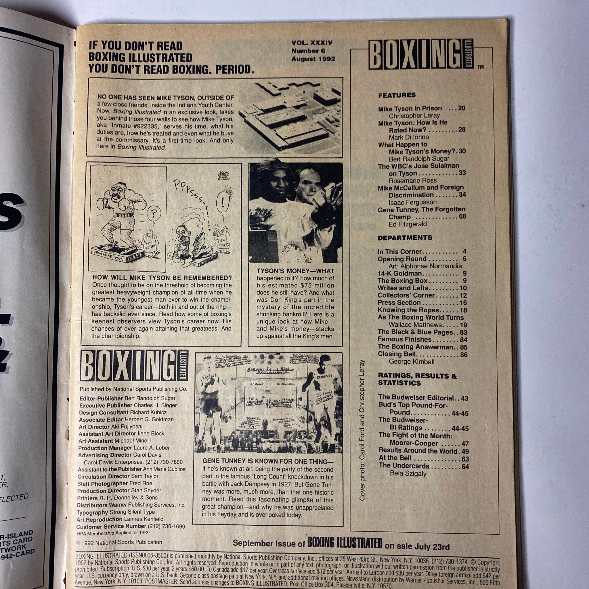 Inside page of Boxing Illustrated Magazine August 1992, displaying features on Mike Tyson, including articles on his money and career, and a historical overview.