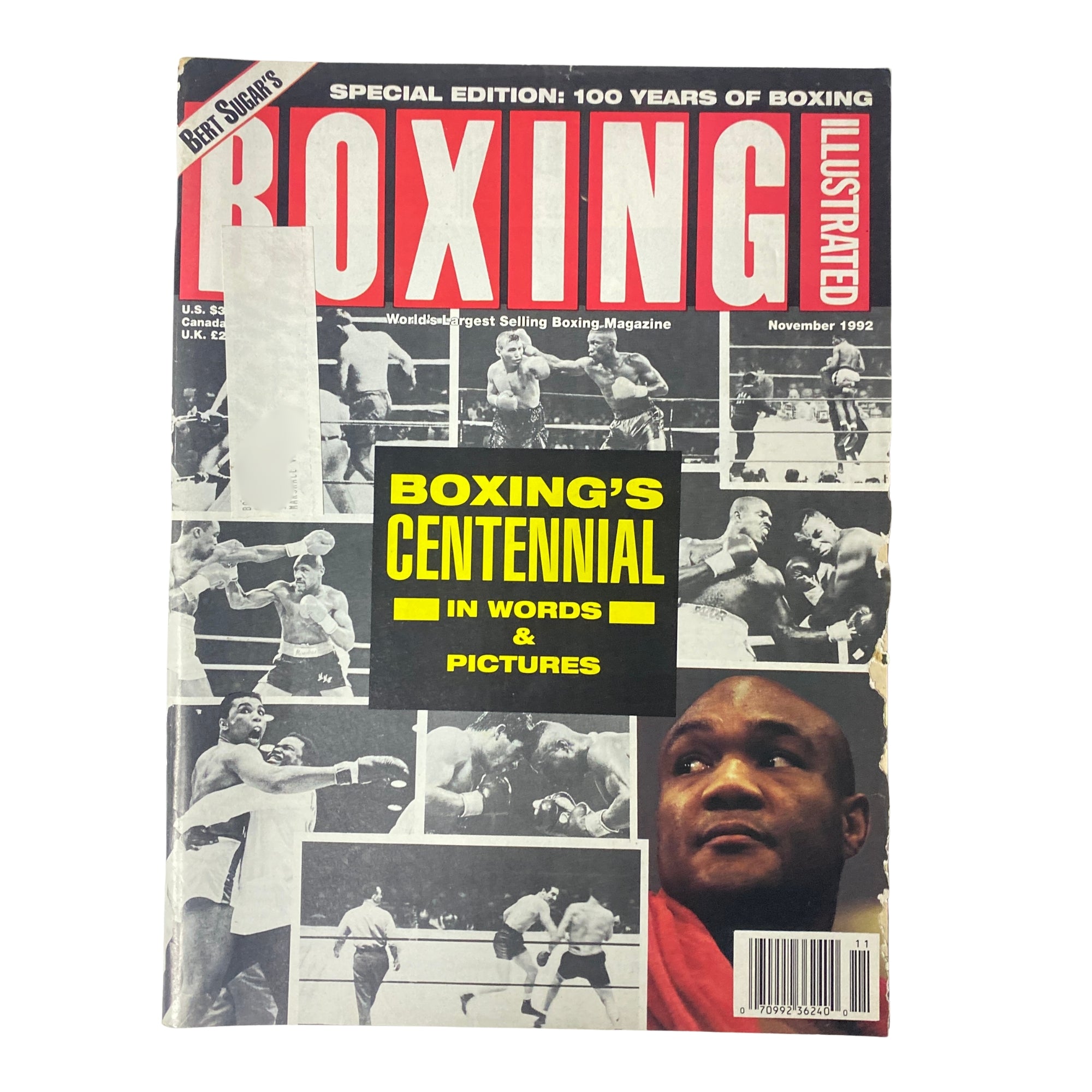 Cover of Boxing Illustrated Magazine November 1992 showcasing Boxing's Centennial in Words & Pictures, featuring iconic boxing imagery and a focus on the sport's history.