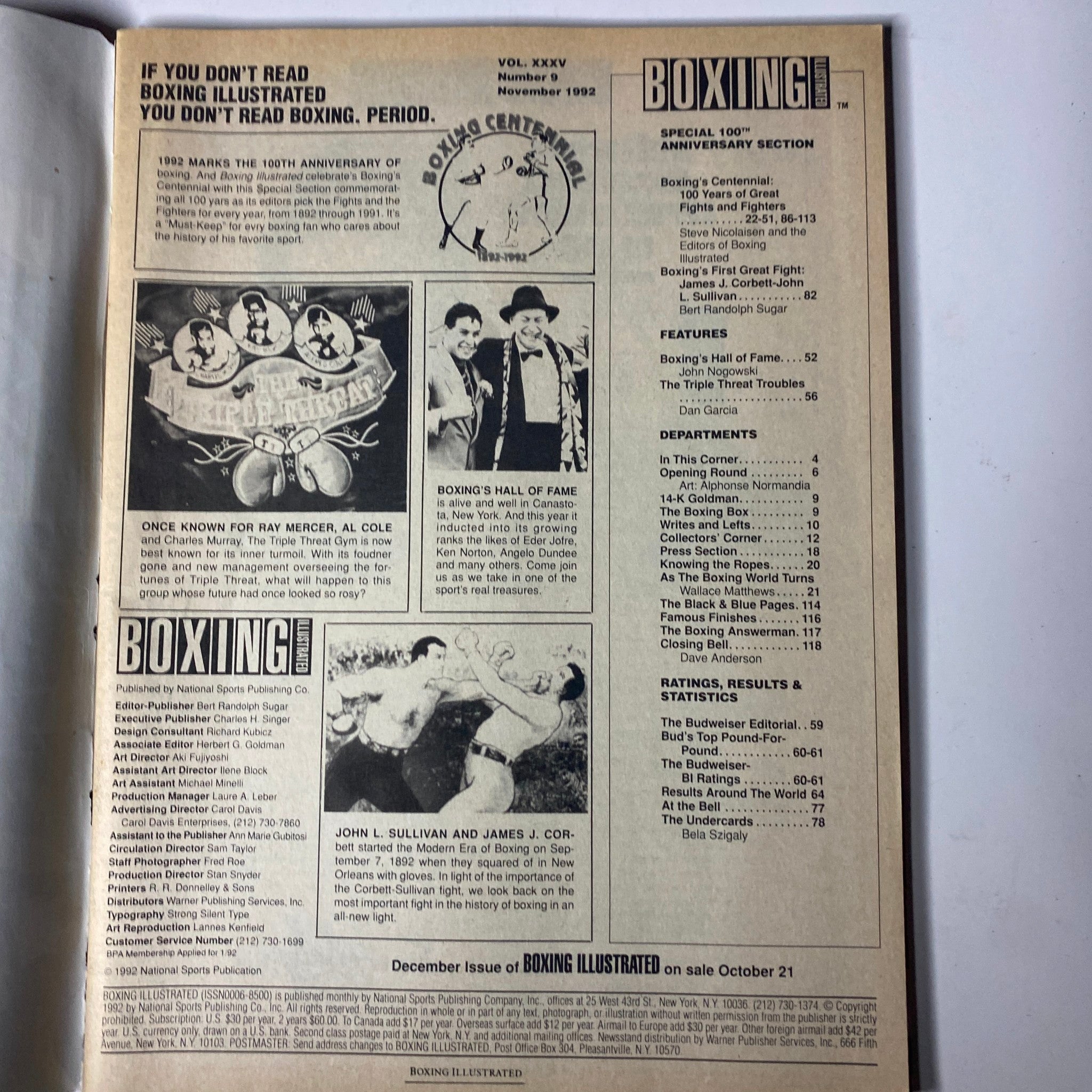 Inside page of Boxing Illustrated Magazine, November 1992 edition, featuring the anniversary section and mixed content including photos and headlines related to boxing history, emphasizing the centennial celebration of the sport.