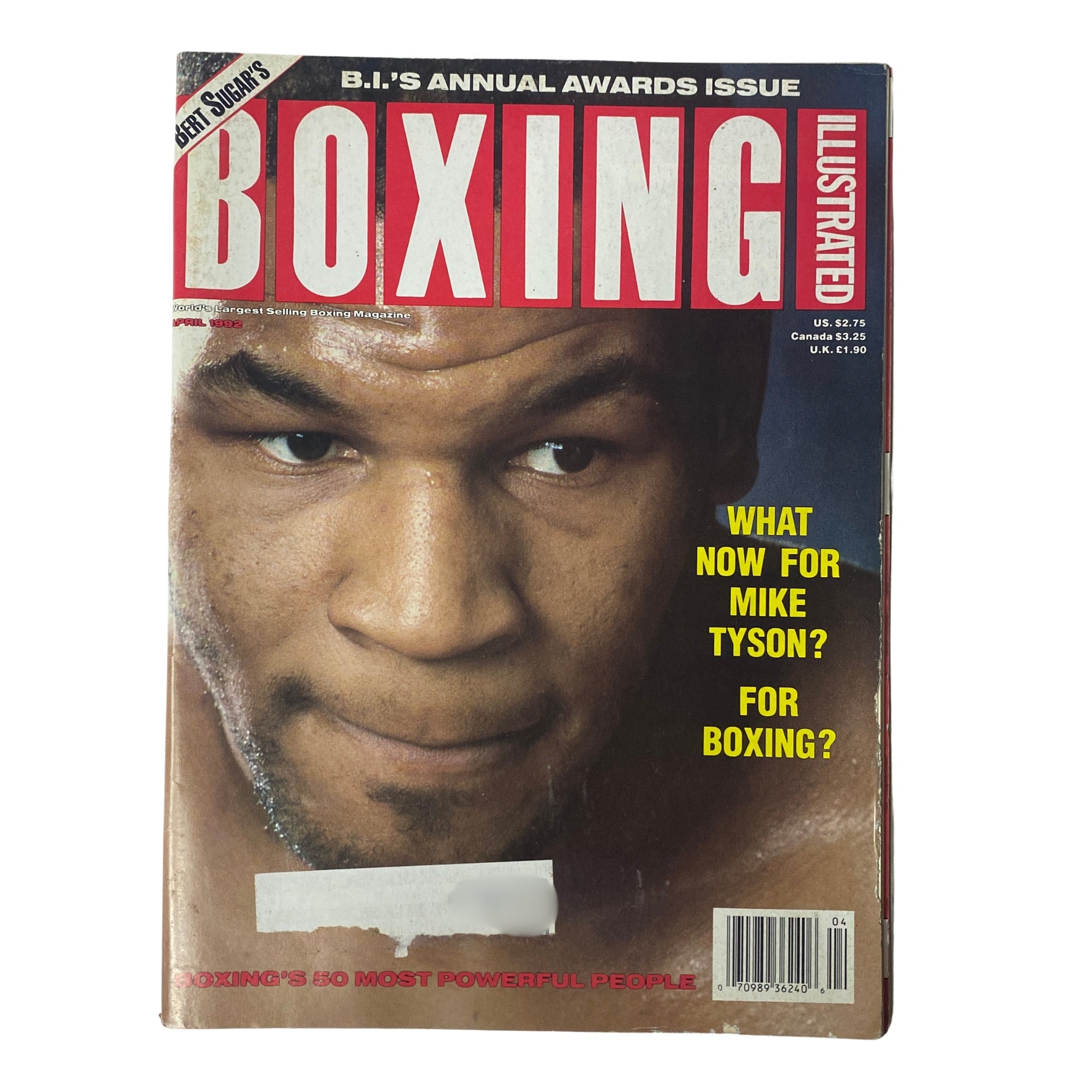 Cover of Boxing Illustrated Magazine, April 1992 featuring Mike Tyson. The cover highlights Tyson with the text 'What Now for Mike Tyson? For Boxing?' and mentions 'Boxing's 50 Most Powerful People.'