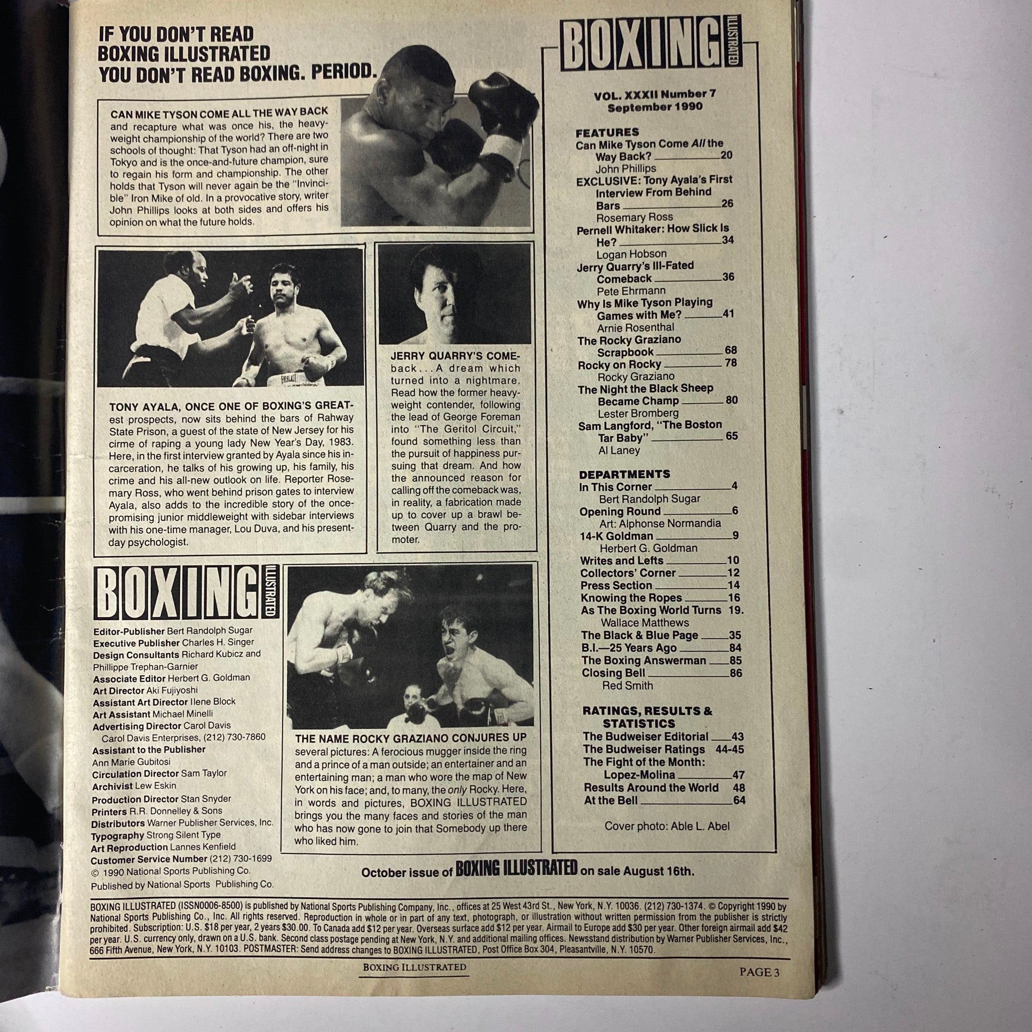 Back cover of Boxing Illustrated Magazine from September 1990, listing features including Tony Ayala's prison interview and Jerry Quarry's comeback.