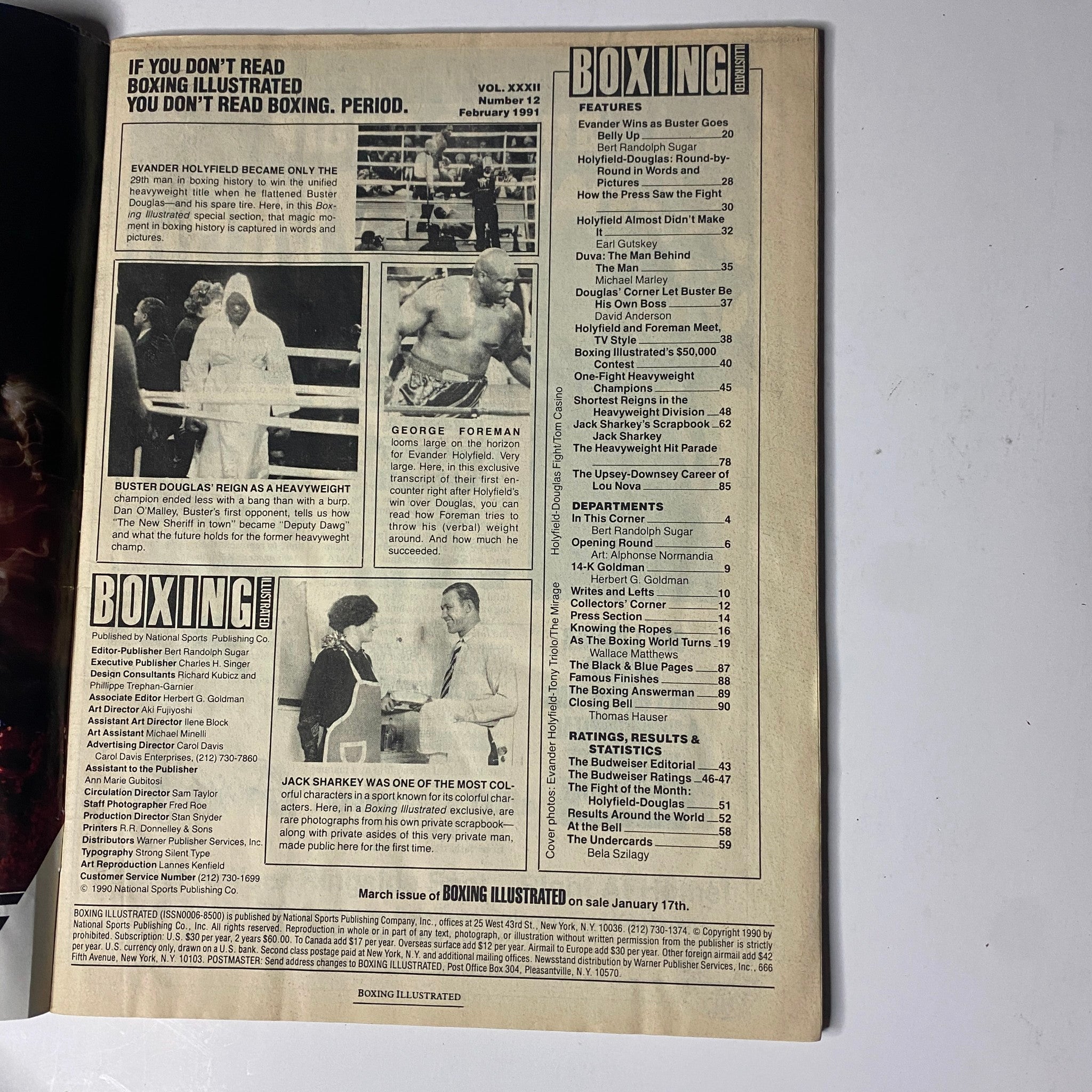 Inside page of Boxing Illustrated Magazine February 1991, showcasing articles and features including highlights of the boxing world, with emphasis on Evander Holyfield and Buster Douglas.