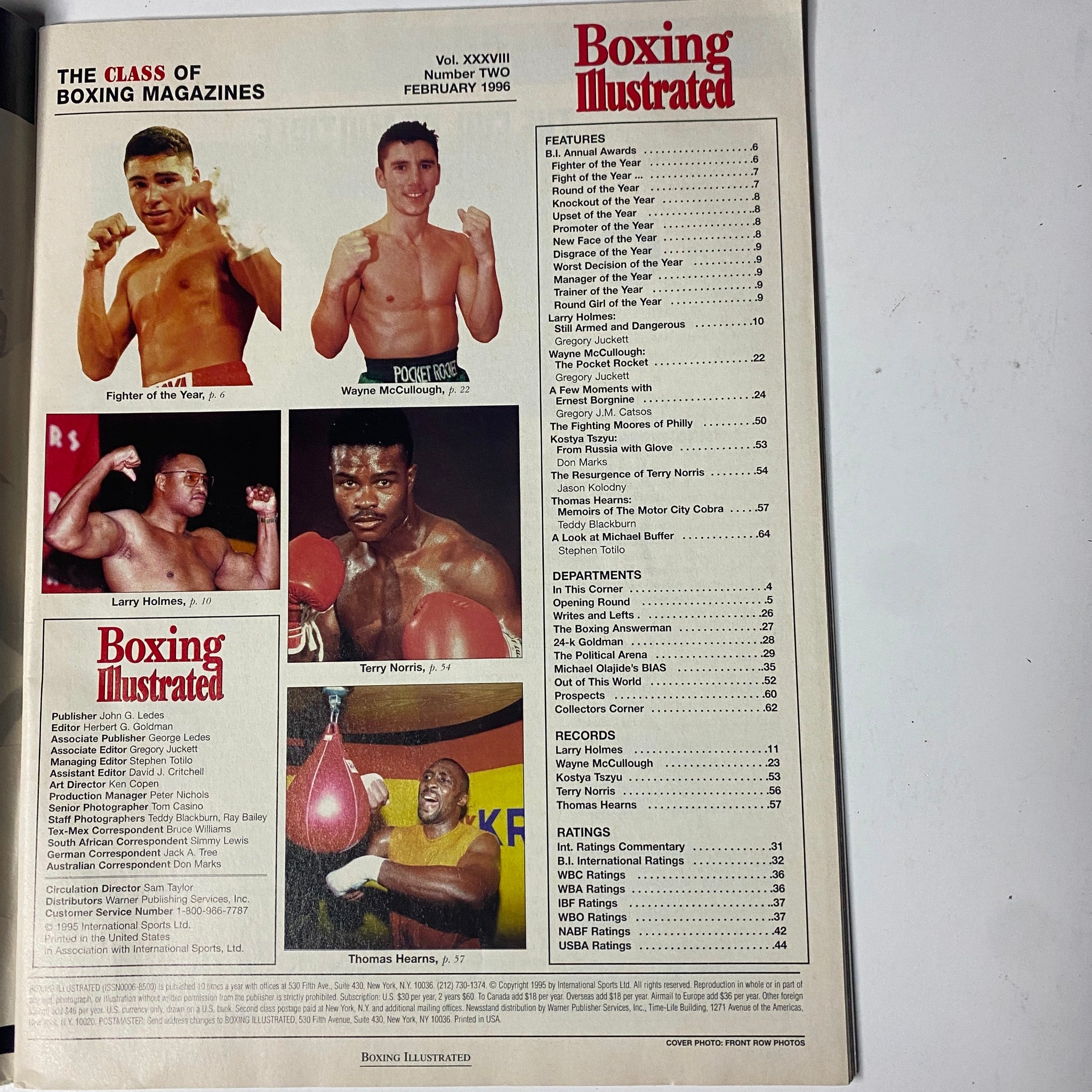 Inside page of Boxing Illustrated Magazine February 1996 featuring a list of fighters including Oscar De La Hoya, Wayne McCullough, Larry Holmes, Terry Norris, and Thomas Hearns. Highlights notable fighters and features from the issue titled 'Boxing Illustrated Magazine – February 1996 Oscar De La Hoya Cover'.