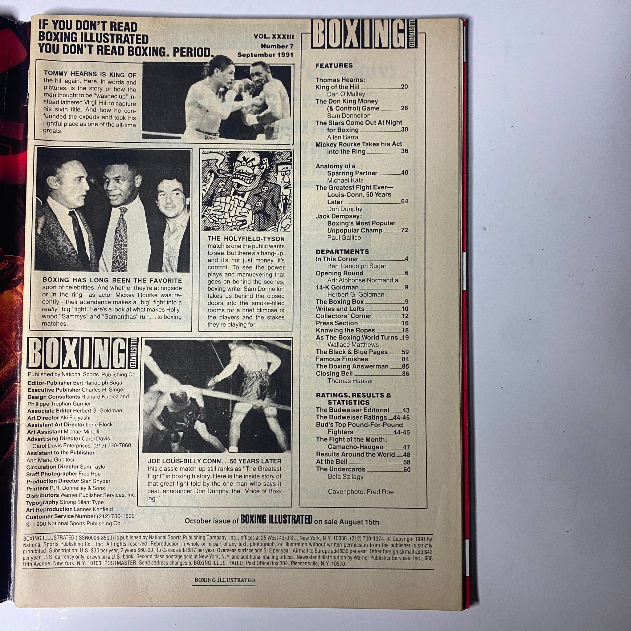 Inside page of Boxing Illustrated Magazine September 1991 outlining notable boxing articles, including a feature on Tommy Hearns and historical boxing events.