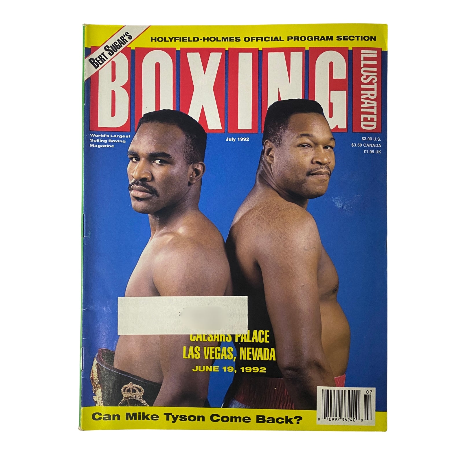 Boxing Illustrated Magazine July 1992 featuring Evander Holyfield and Larry Holmes on the cover, highlighting the heavyweight fight program.