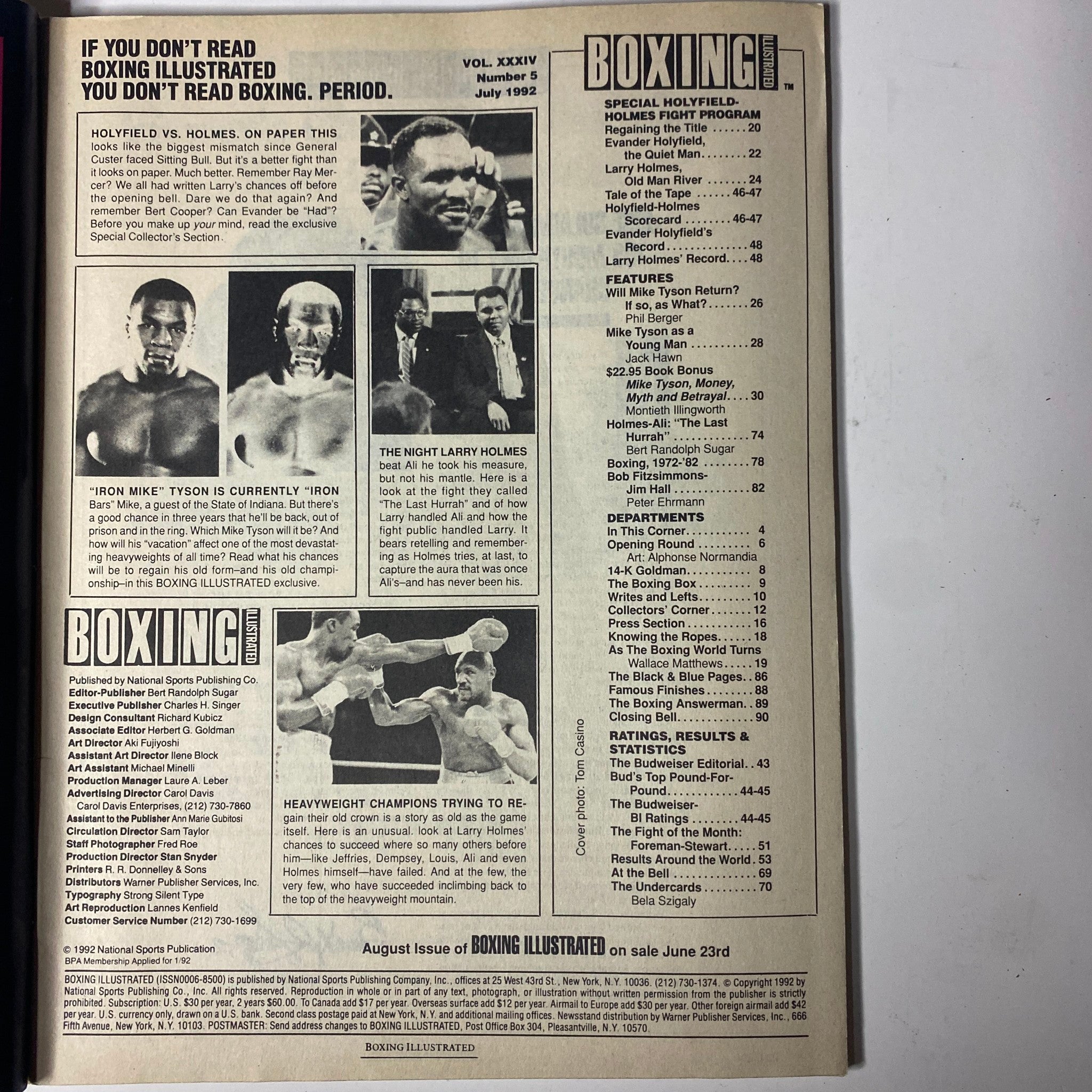 Interior page of Boxing Illustrated Magazine July 1992 showcasing fight details and a feature on heavyweight boxing legends, including Evander Holyfield and Larry Holmes.