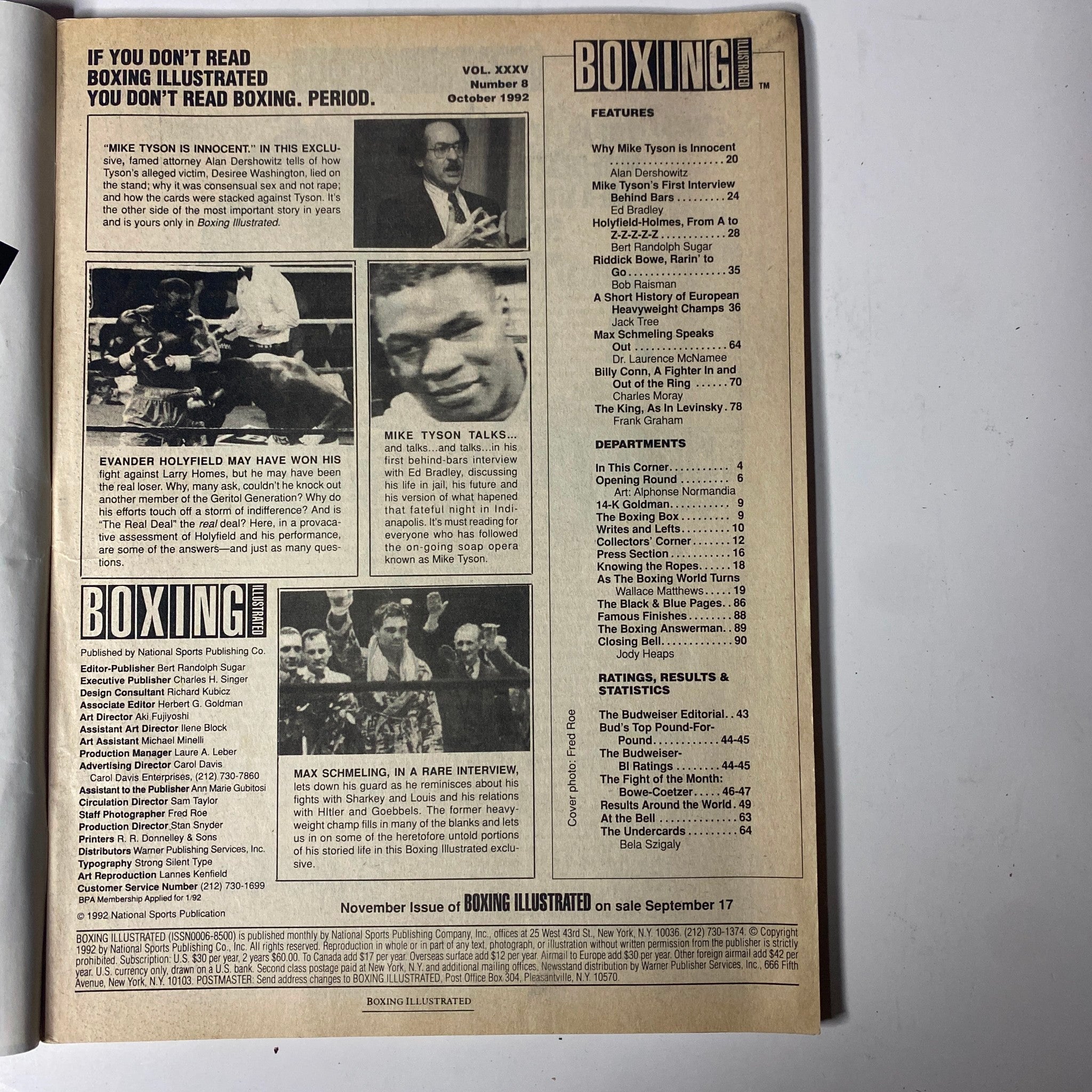 Back cover of Boxing Illustrated Magazine October 1992 including features and highlights such as Mike Tyson's interview and additional boxing insights. A must-have for sports magazine enthusiasts.