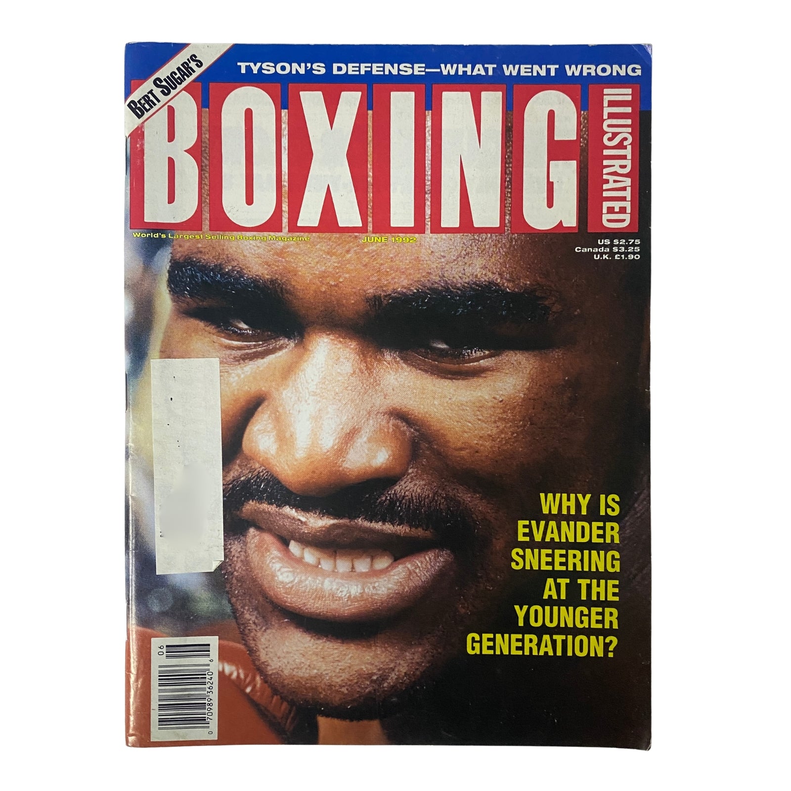 Boxing Illustrated Magazine June 1992 featuring Evander Holyfield on the cover, highlighting his boxing prowess and controversial questions about his competition stance.