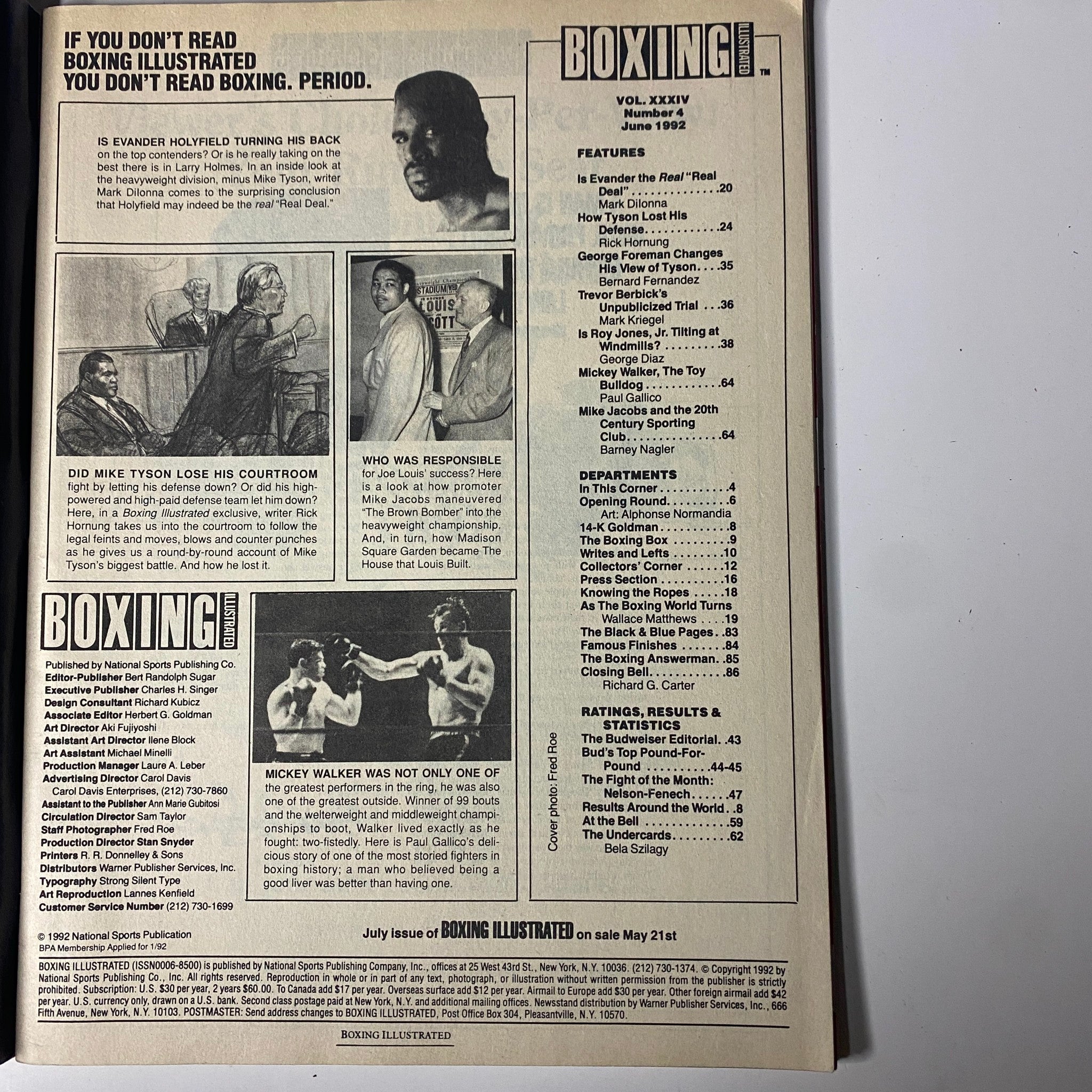 Interior page of Boxing Illustrated Magazine June 1992, detailing features on Evander Holyfield, Mike Tyson, and boxing history.