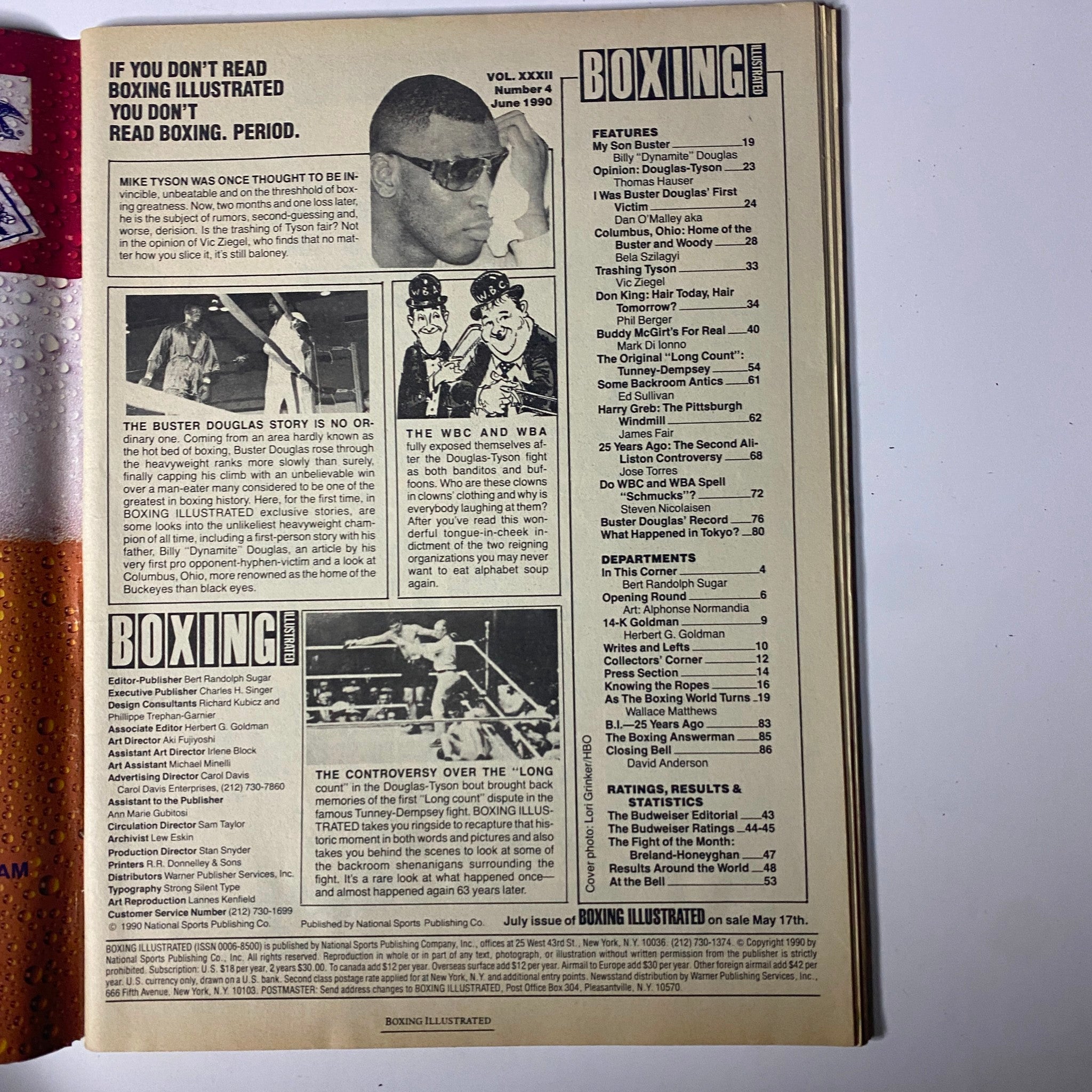 Interior page of Boxing Illustrated Magazine June 1990 featuring content listings including Buster Douglas’s story, the WBC and WBA issues, and the controversy over the 'Long Count', emphasizing the significance of heavyweights in boxing history.