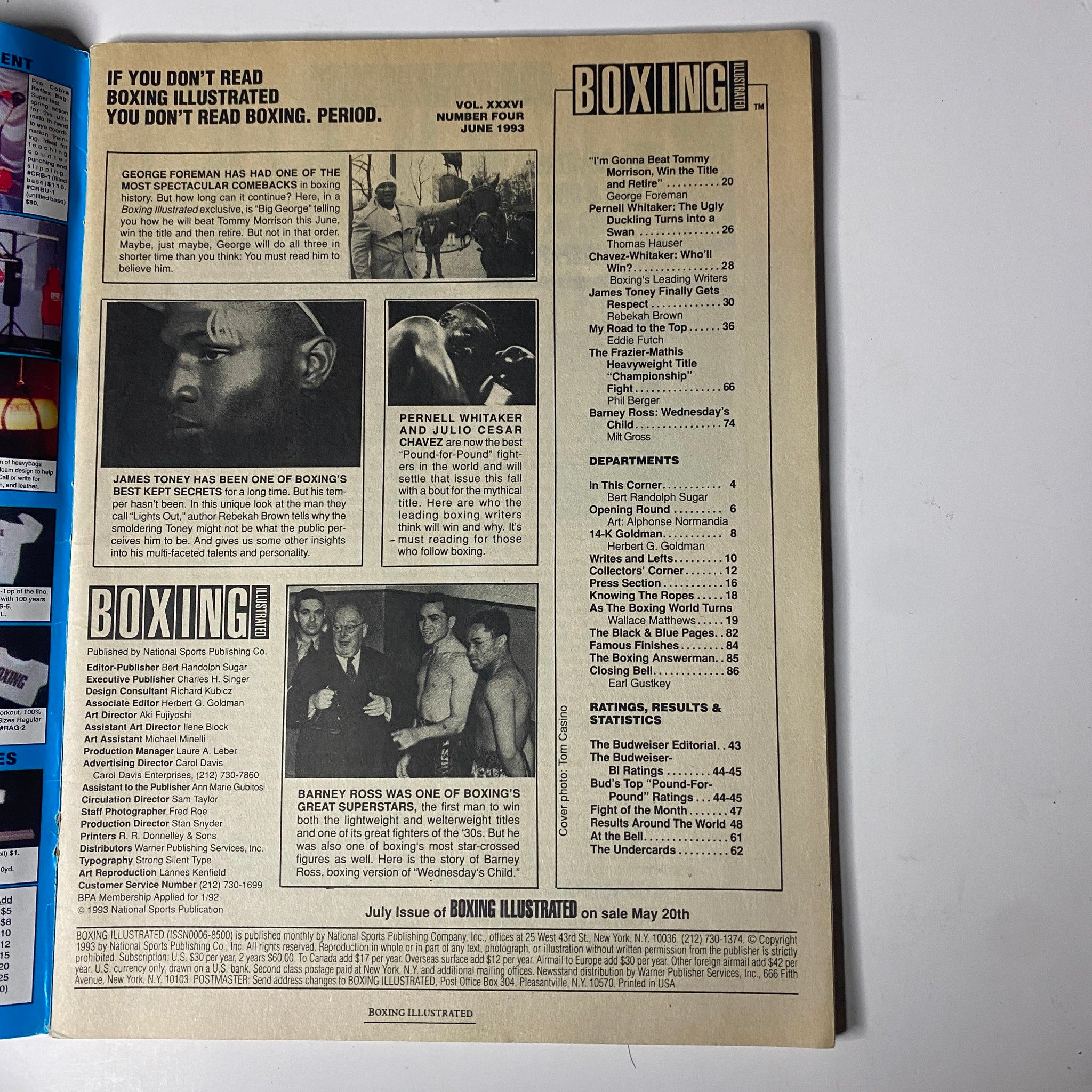 Inside page of Boxing Illustrated Magazine June 1993, highlighting articles on George Foreman, James Toney, and the anticipation for the Chávez–Whitaker fight.
