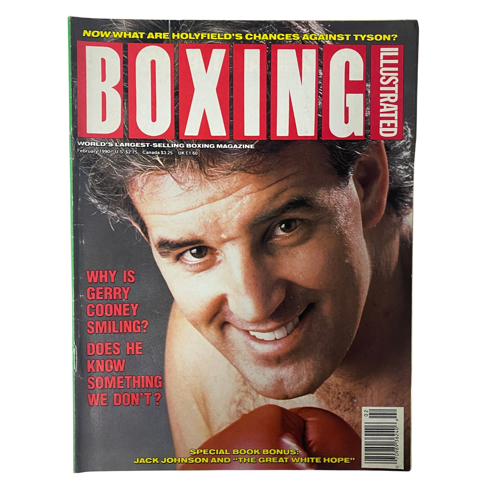 Cover of Boxing Illustrated Magazine February 1990 featuring Gerry Cooney with a smiling expression and a boxing glove, highlighting the exclusive interview and contemporary boxing content.