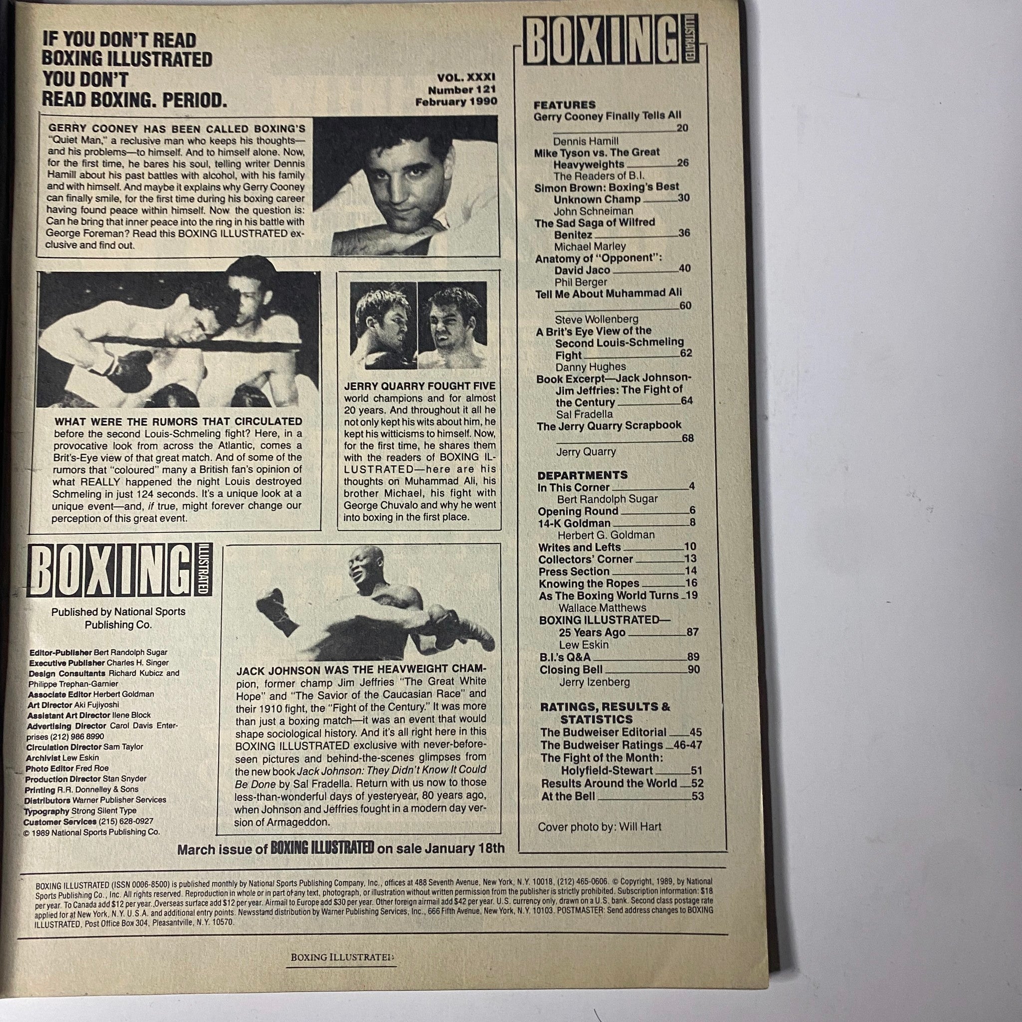 Back cover of Boxing Illustrated Magazine February 1990 showcasing promotional text and images related to boxing, including a reference to Gerry Cooney and other boxing legends.
