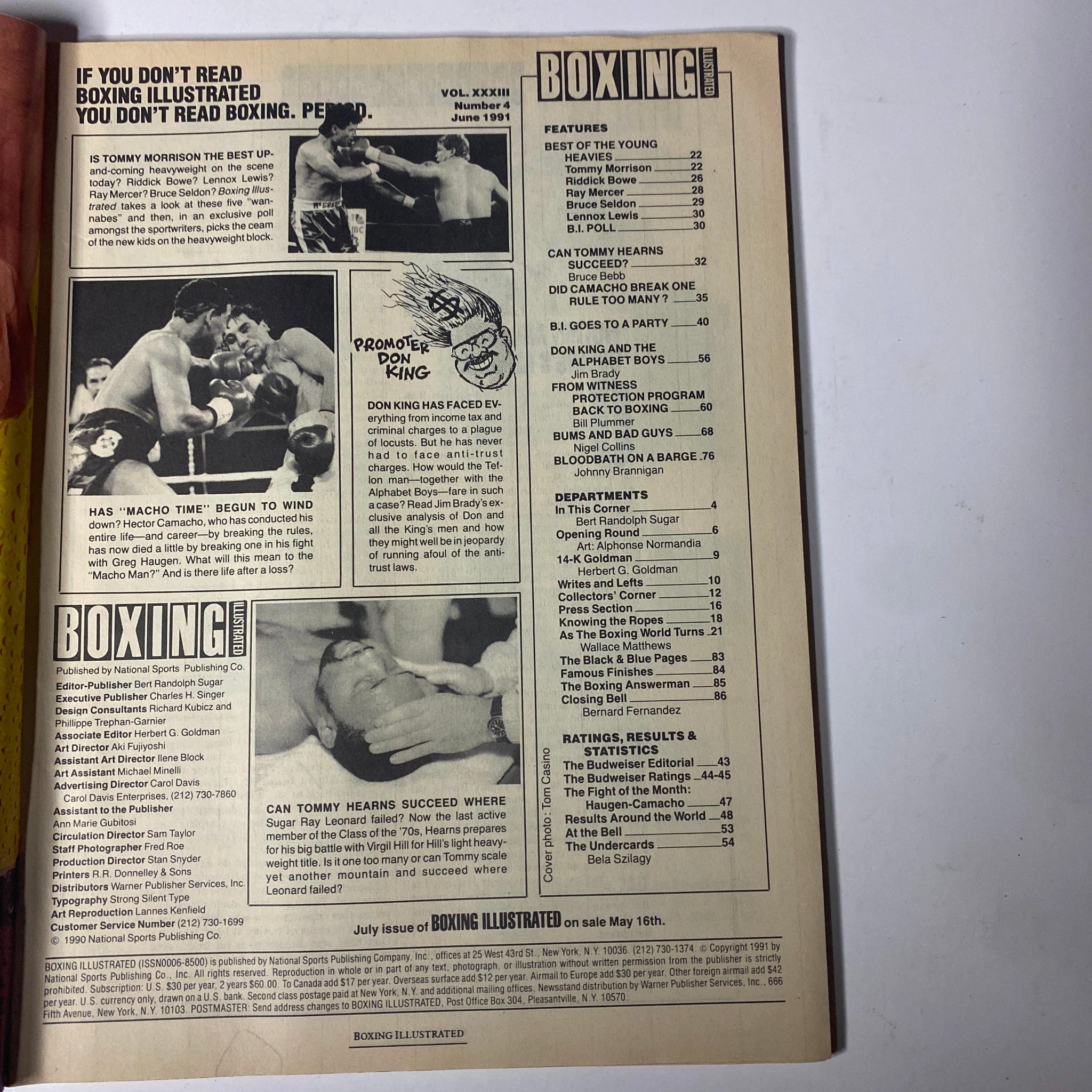 Inside page of Boxing Illustrated Magazine June 1991 displaying articles and features about boxing matches, including a discussion on Tommy Hearns and the best young heavyweights.
