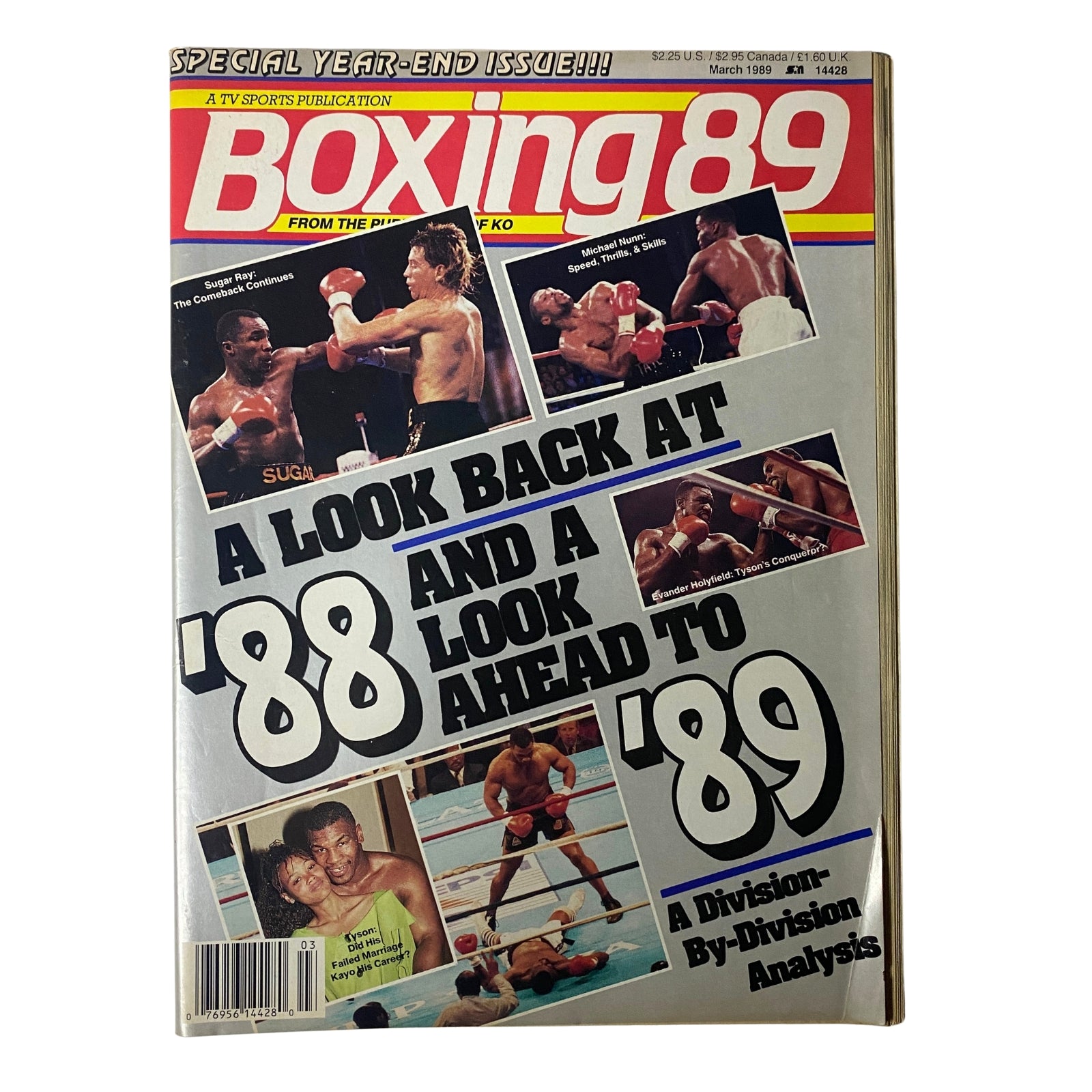 Cover of Boxing ’89 Magazine March 1989 featuring Mike Tyson and Evander Holyfield with headlines about boxing's year-end special and analysis of the 1988 season.