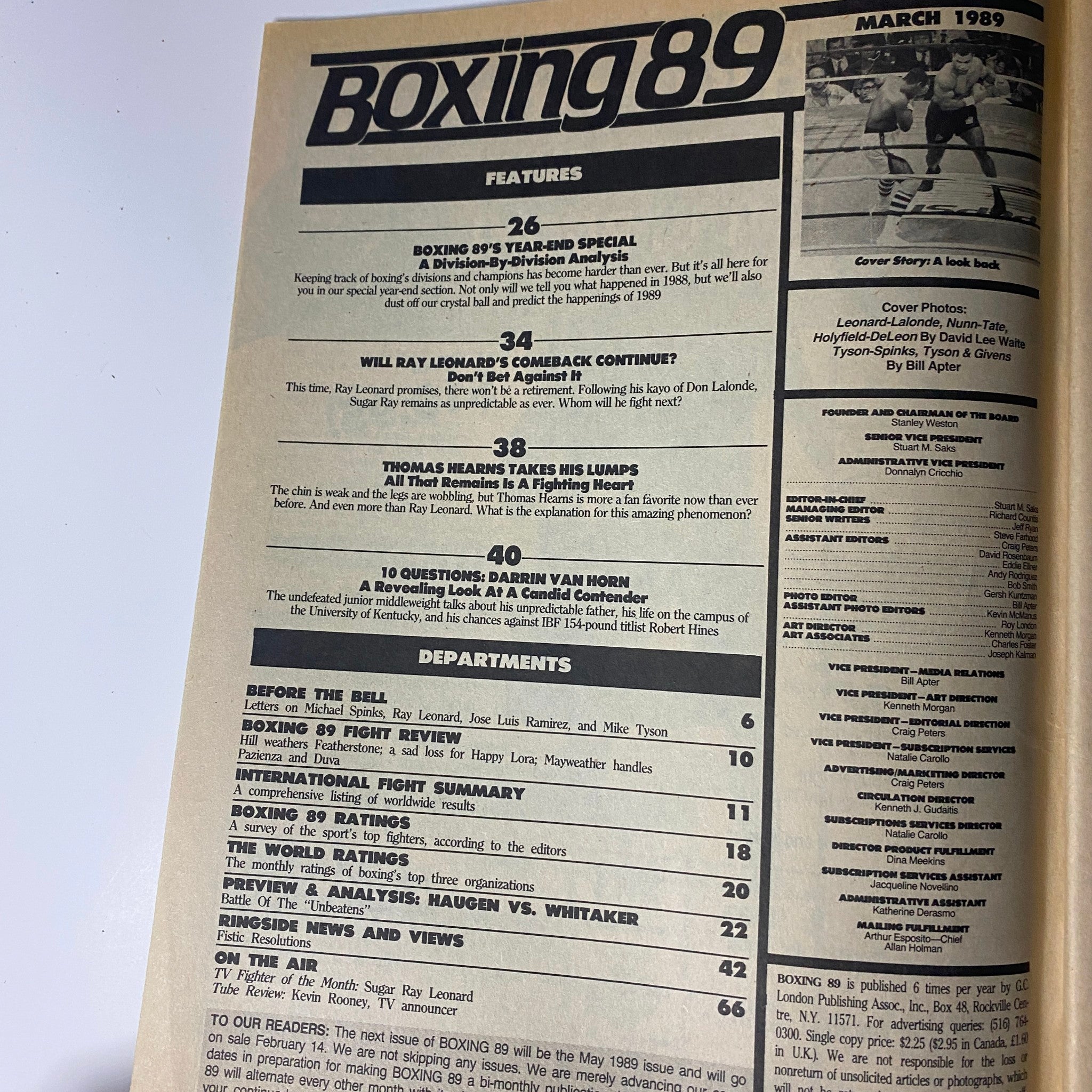 Inside page of Boxing ’89 Magazine March 1989 showcasing features and departments, including a year-end special, comeback analysis of boxing legends, and fight summaries.