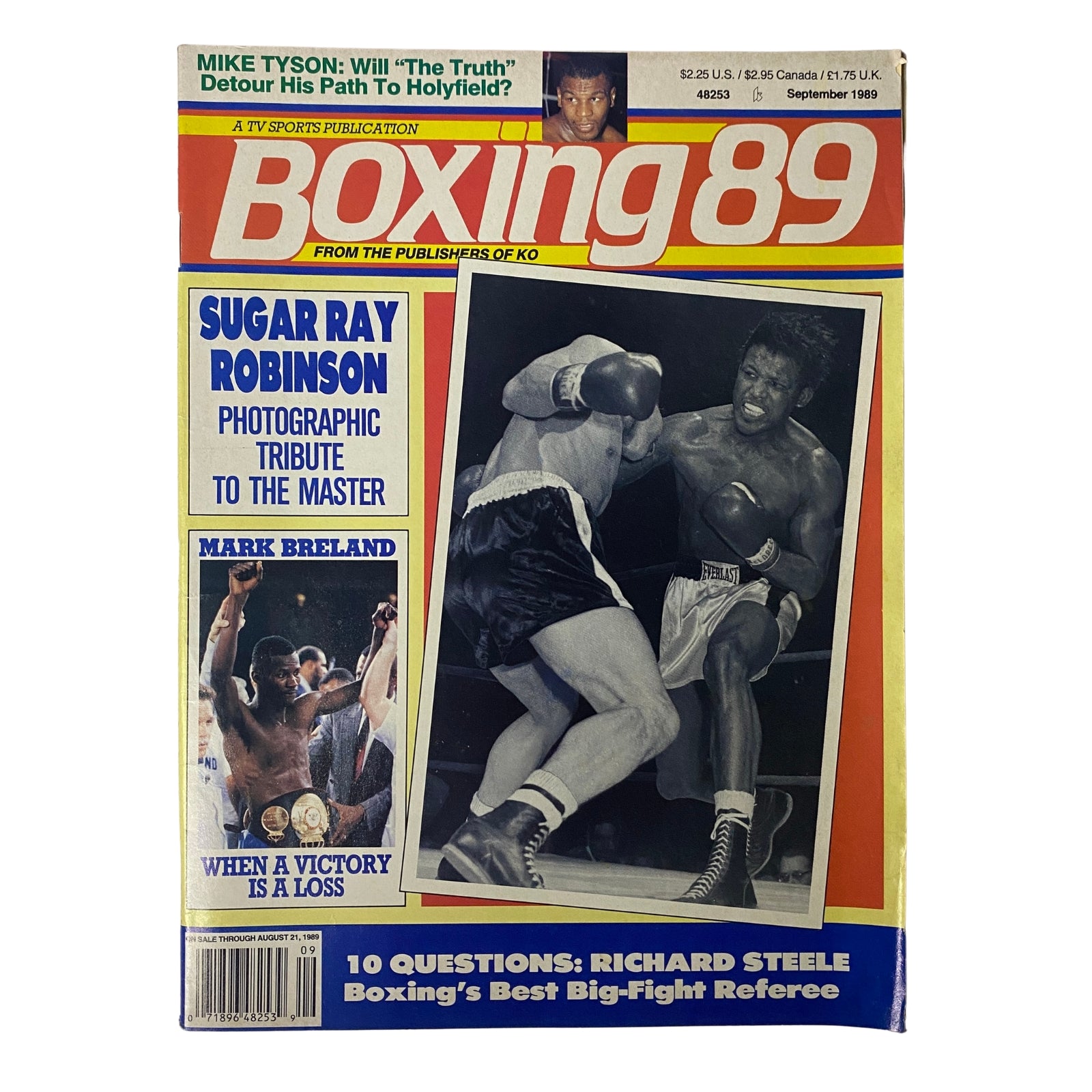 Cover of Boxing '89 Magazine, September 1989, featuring Sugar Ray Robinson and Mark Breland with headlines including 'When a Victory Is a Loss' and '10 Questions: Richard Steele'.