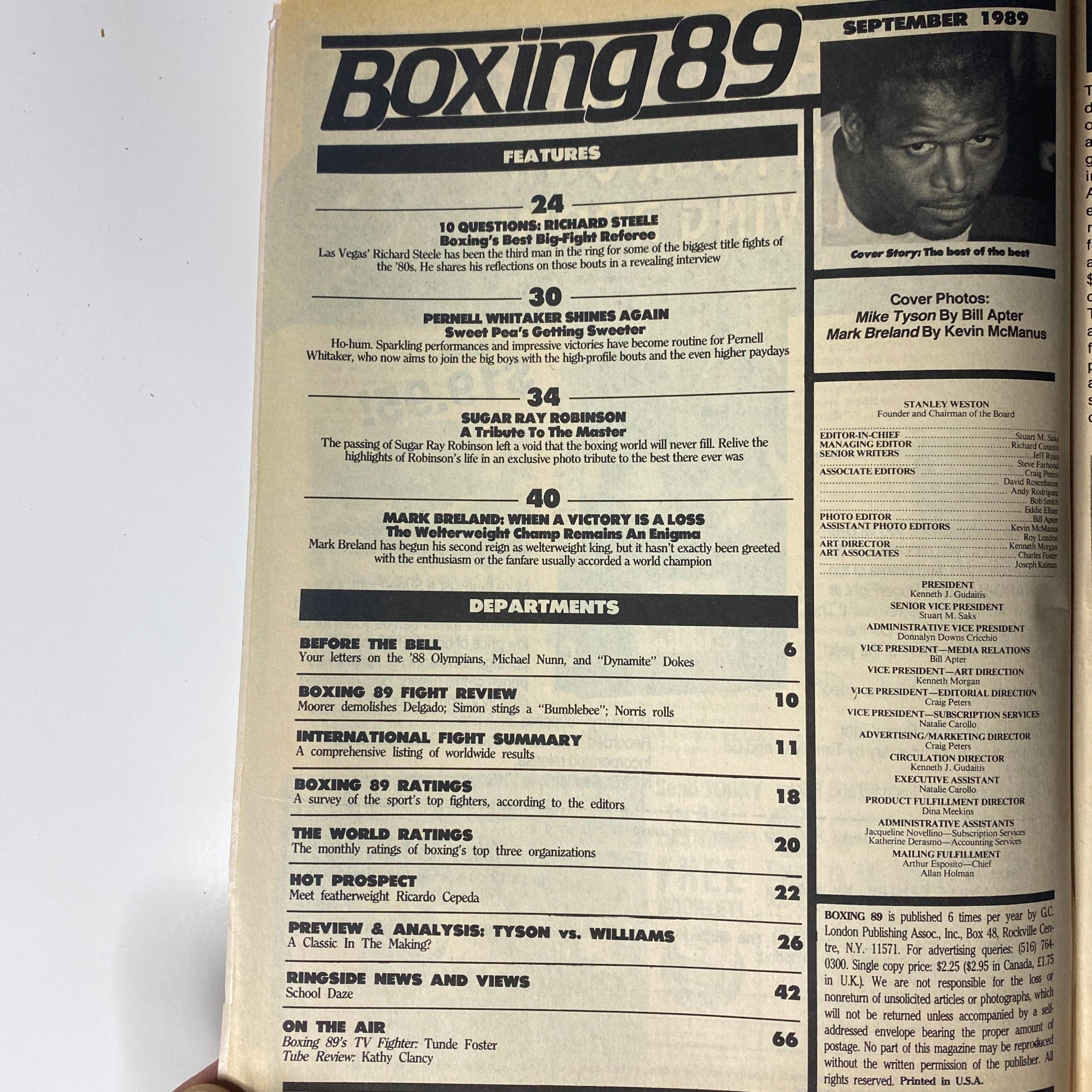 Interior page of Boxing '89 Magazine, September 1989, detailing features and departments including interviews, fight reviews, and boxing ratings.