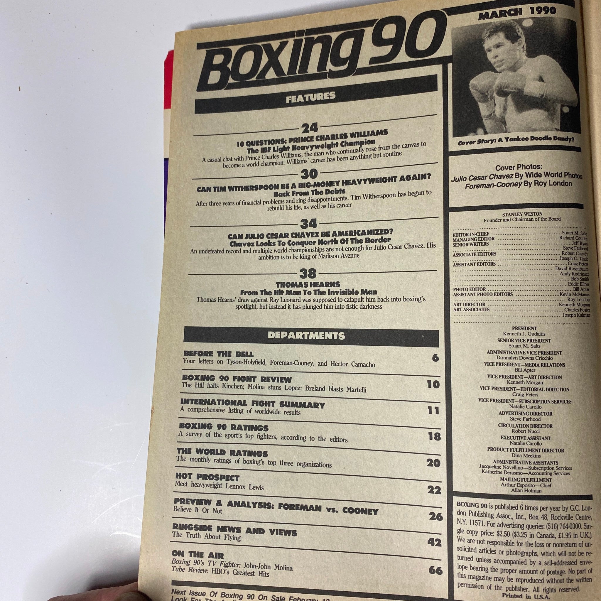 Inside pages of Boxing 90 Magazine March 1990, showcasing various features including interviews and analyses of boxing legends, with a focus on Julio Cesar Chavez.