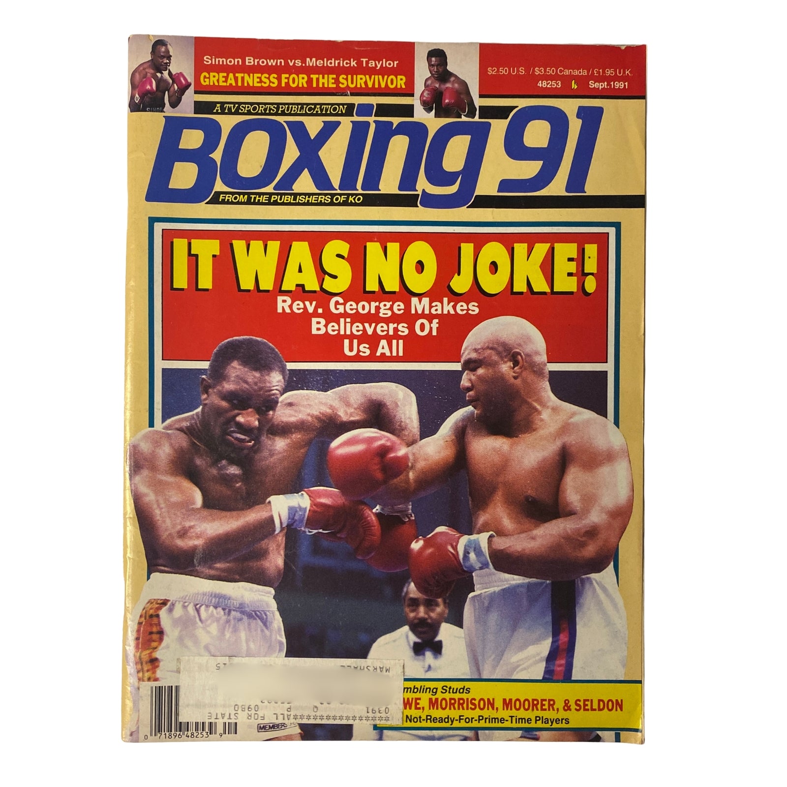 Cover of Boxing '91 Magazine, September 1991 featuring Meldrick Taylor vs. Glenwood Brown. Bold title: 'IT WAS NO JOKE! Rev. George Makes Believers of Us All'. Highlighting the clash of boxing legends.