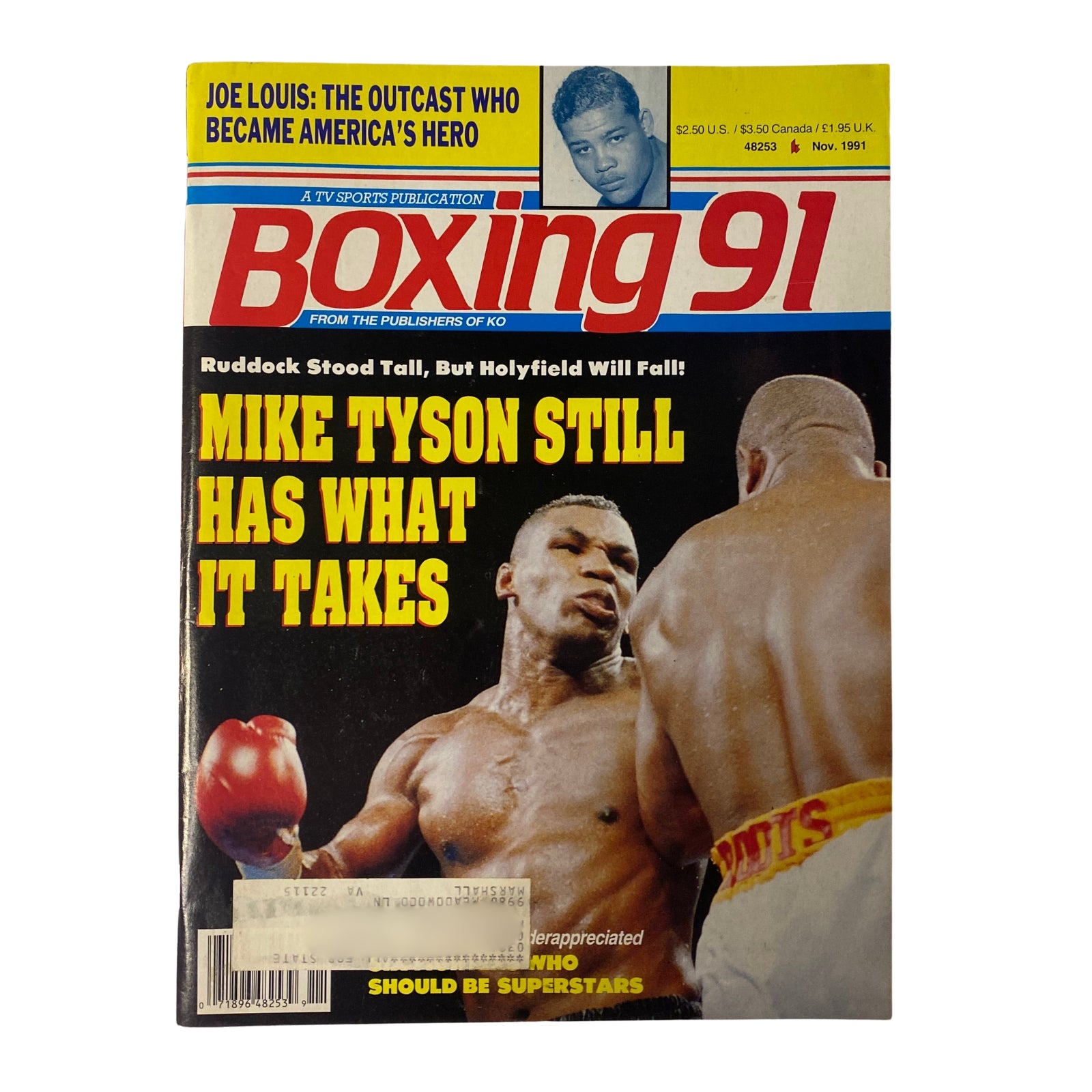 Boxing 91 Magazine cover from November 1991 featuring Mike Tyson, highlighting his match against Donovan Ruddock with the caption 'Mike Tyson Still Has What It Takes.' The magazine discusses heavyweight boxing history and features Joe Louis.