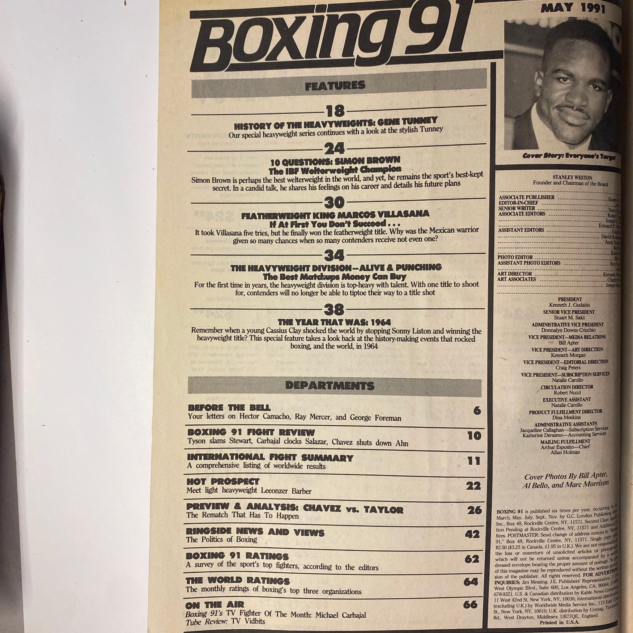 Cover page of Boxing 91 Magazine, May 1991, featuring Riddick Bowe and Evander Holyfield, highlighting articles on heavyweight boxing and key historical insights into the sport.