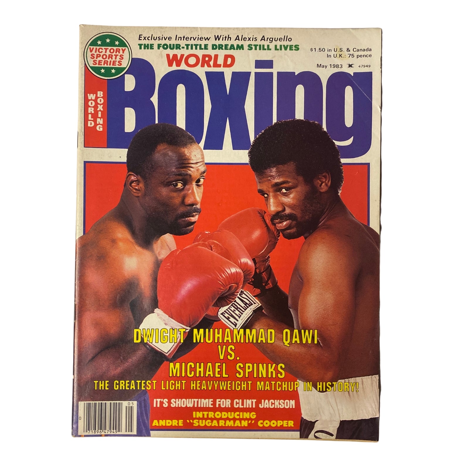 Cover of World Boxing Magazine May 1983 featuring a match between Dwight Muhammad Qawi and Michael Spinks, showcasing their intense rivalry and detailing the greatest light heavyweight matchup in history.