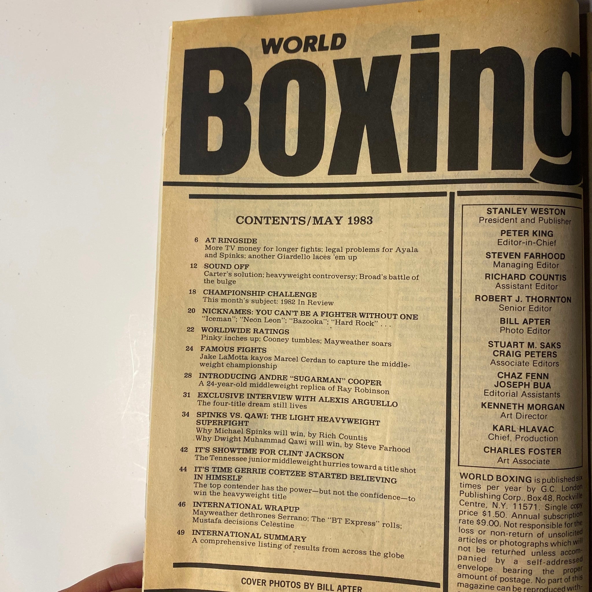 Contents page of World Boxing Magazine May 1983, listing articles including an exclusive interview with Alexis Arguello and features on notable fighters and boxing highlights.