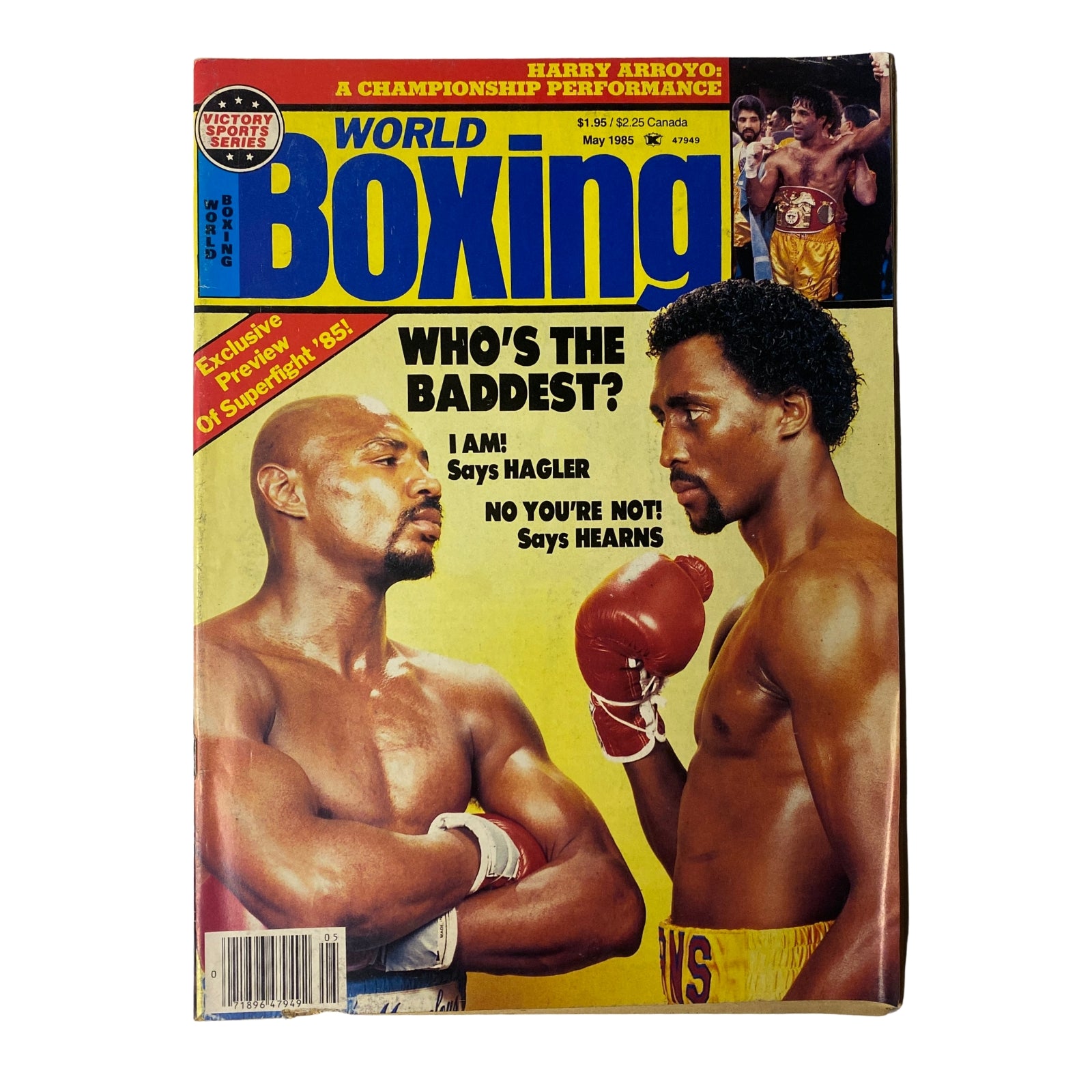 World Boxing Magazine May 1985 issue featuring Marvin Hagler and Thomas Hearns on the cover, highlighting the iconic superfight. The cover shows Hagler and Hearns in boxing poses with text asking 'Who's the Baddest?'.