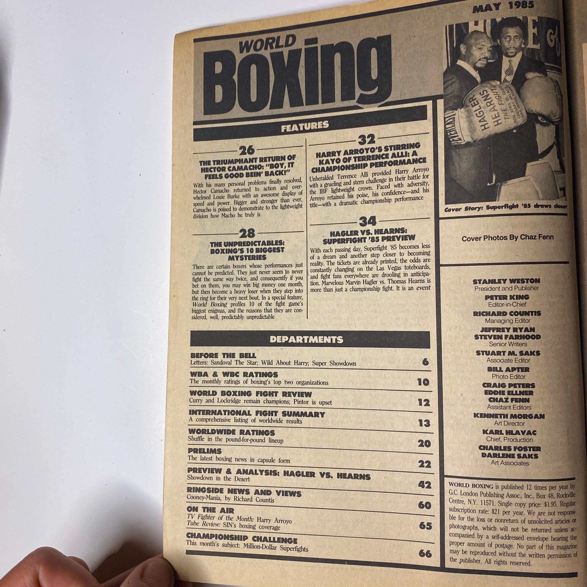 Inside page of World Boxing Magazine May 1985, detailing features including Hagler vs. Hearns, Hector Camacho's return, and other boxing highlights. The page showcases the table of contents for this significant issue.