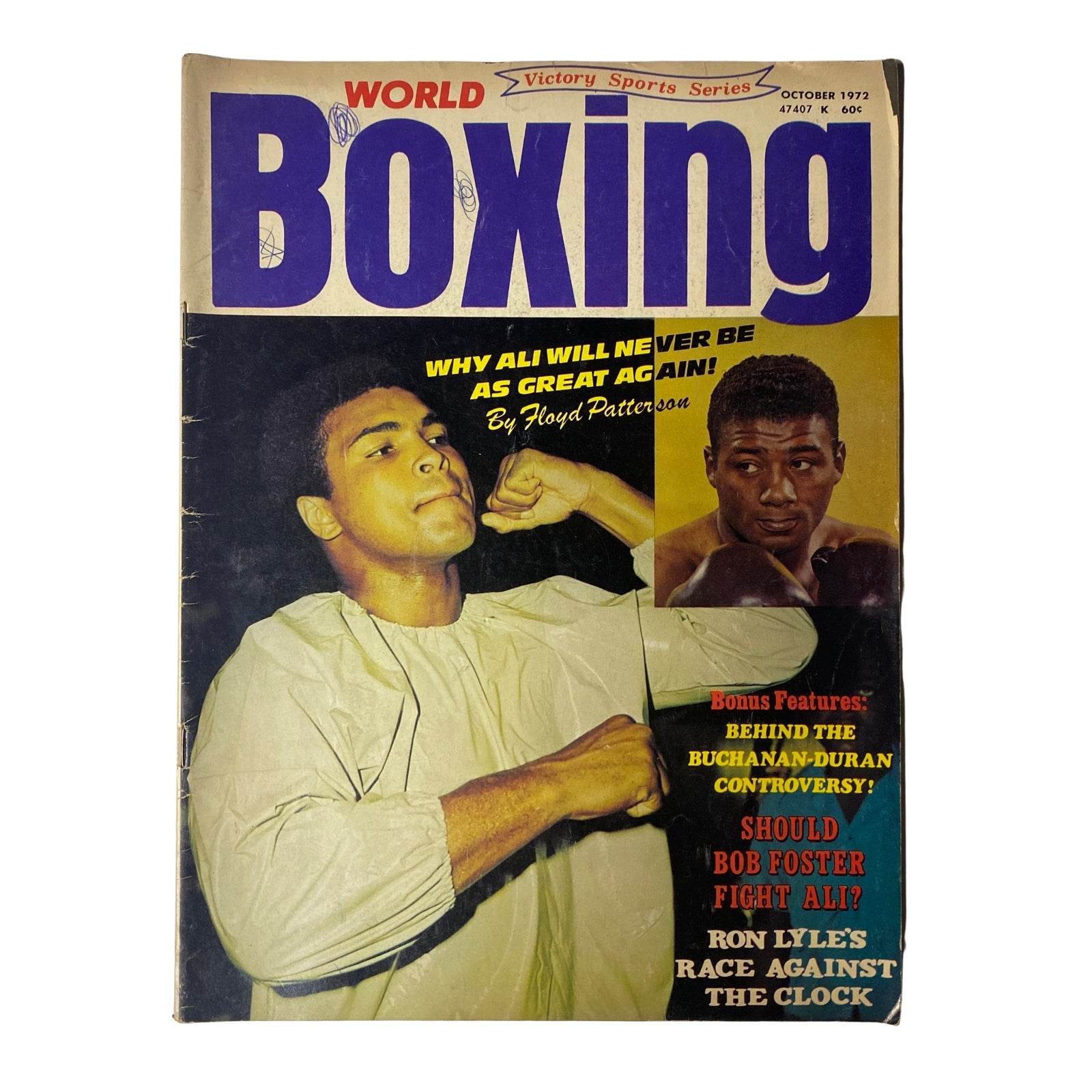 World Boxing Magazine cover from October 1972 featuring Muhammad Ali and Floyd Patterson, highlighting articles such as 'Why Ali Will Never Be as Great Again' by Floyd Patterson and 'Should Bob Foster Fight Ali?'. This vintage issue is essential for boxing collectors.