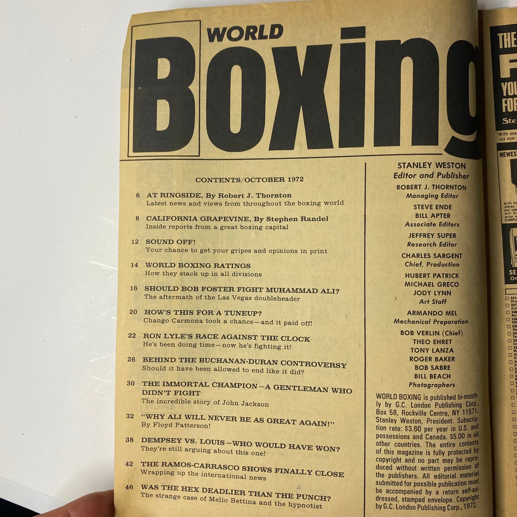 World Boxing Magazine October 1972 contents page featuring articles on Muhammad Ali, Floyd Patterson, and highlights from the boxing world. The image displays the magazine's layout and topic headings which include discussions on legendary fighters and significant boxing events.