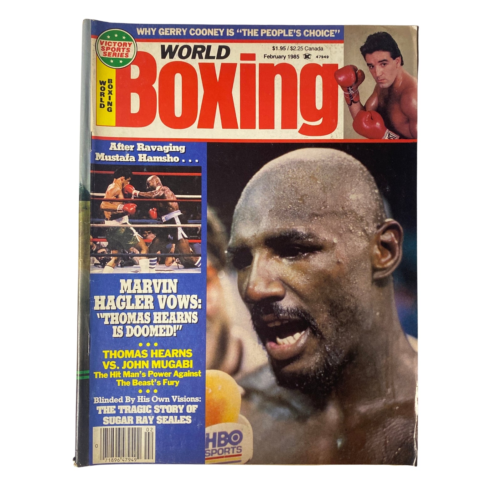 World Boxing Magazine February 1985 featuring Marvin Hagler on the cover, showcasing his victory over Mustafa Hamsho, includes boxing highlights and expert commentary.