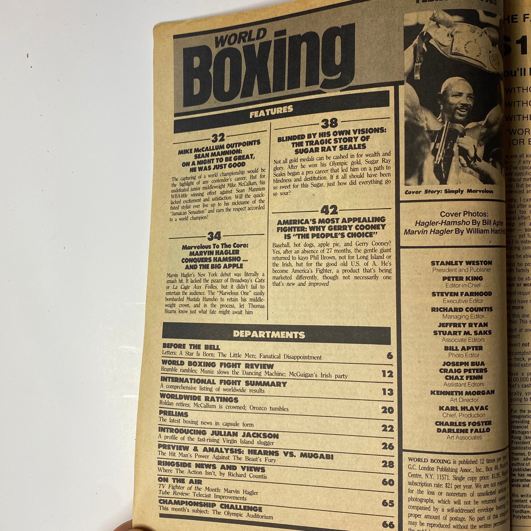 Inside page of World Boxing Magazine February 1985, detailing features and departments, including articles on boxing stars and strategies.