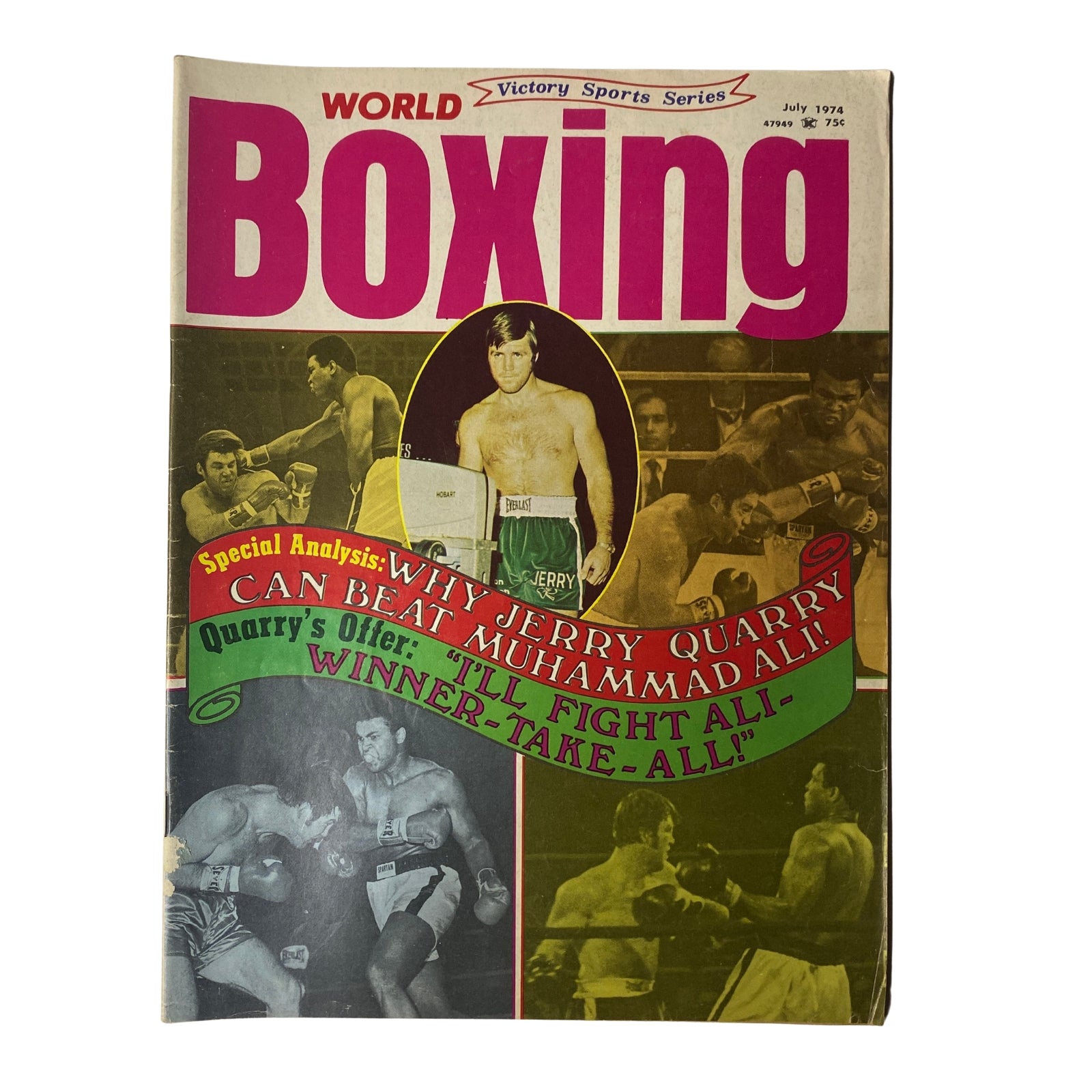 Cover of World Boxing Magazine July 1974 featuring Muhammad Ali vs. Jerry Quarry, highlighting special analysis on why Quarry can beat Ali and showcasing boxing highlights.